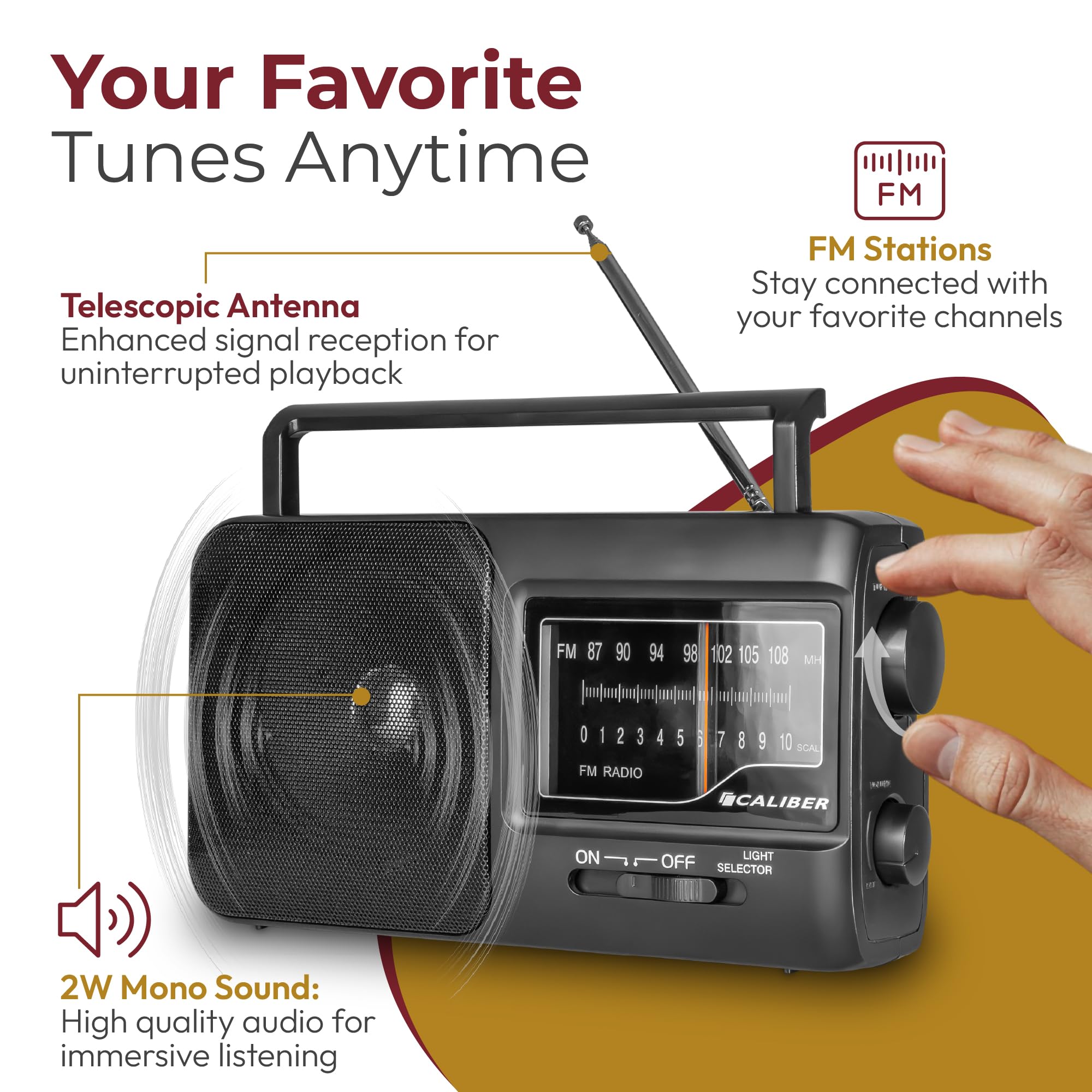 Caliber Radio Retro FM na baterie – Przenośne radio w stylu vintage z wejściem na słuchawki, odbiór FM, uchwyt i antena teleskopową do domu, na zewnątrz i na kemping