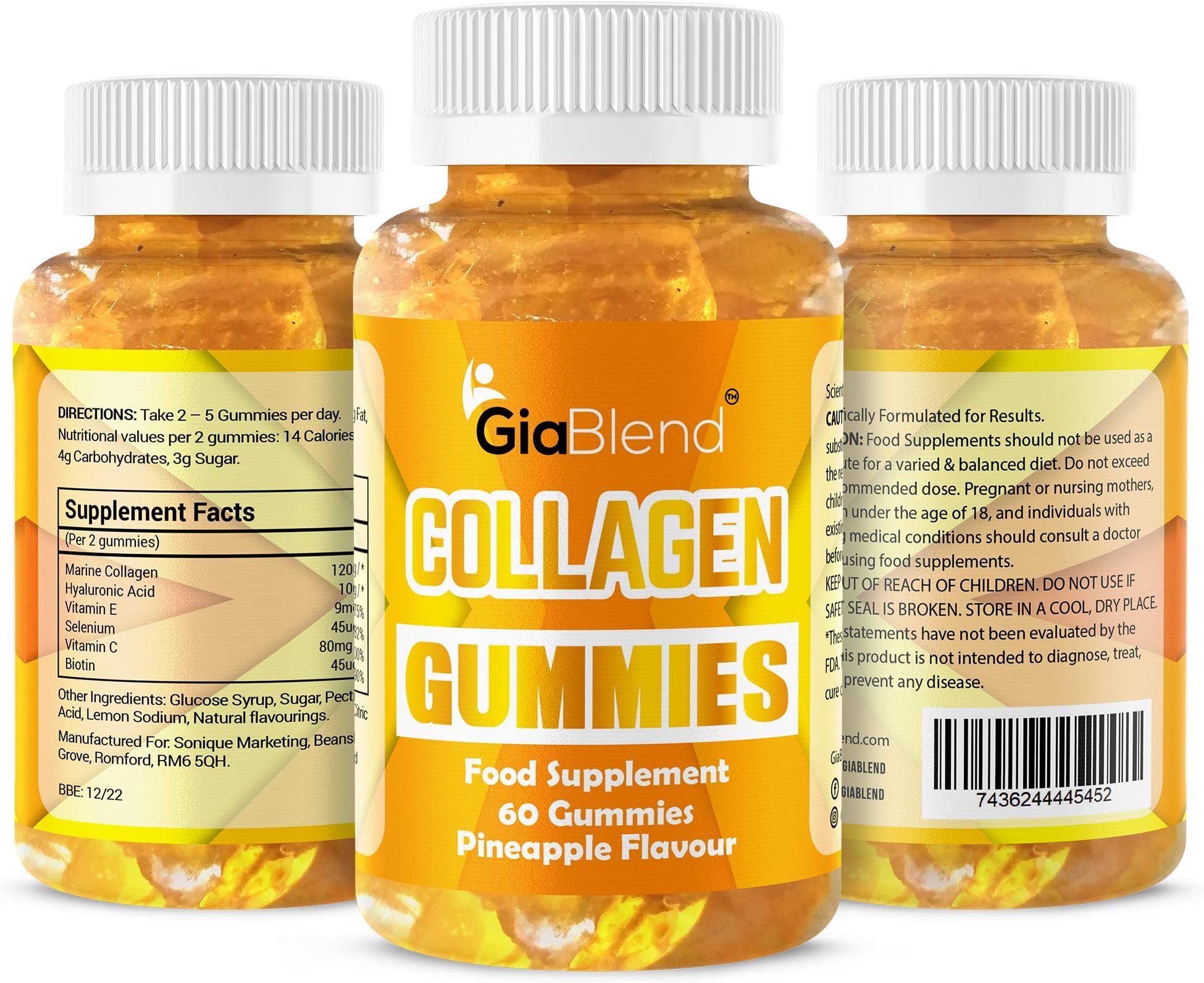 GiaBlend Marine Collagen Gummies with Hyaluronic Acid & Biotin, Supplement for Skin, Hair, Nails and Joints. Vegetarian & Gluten Free.