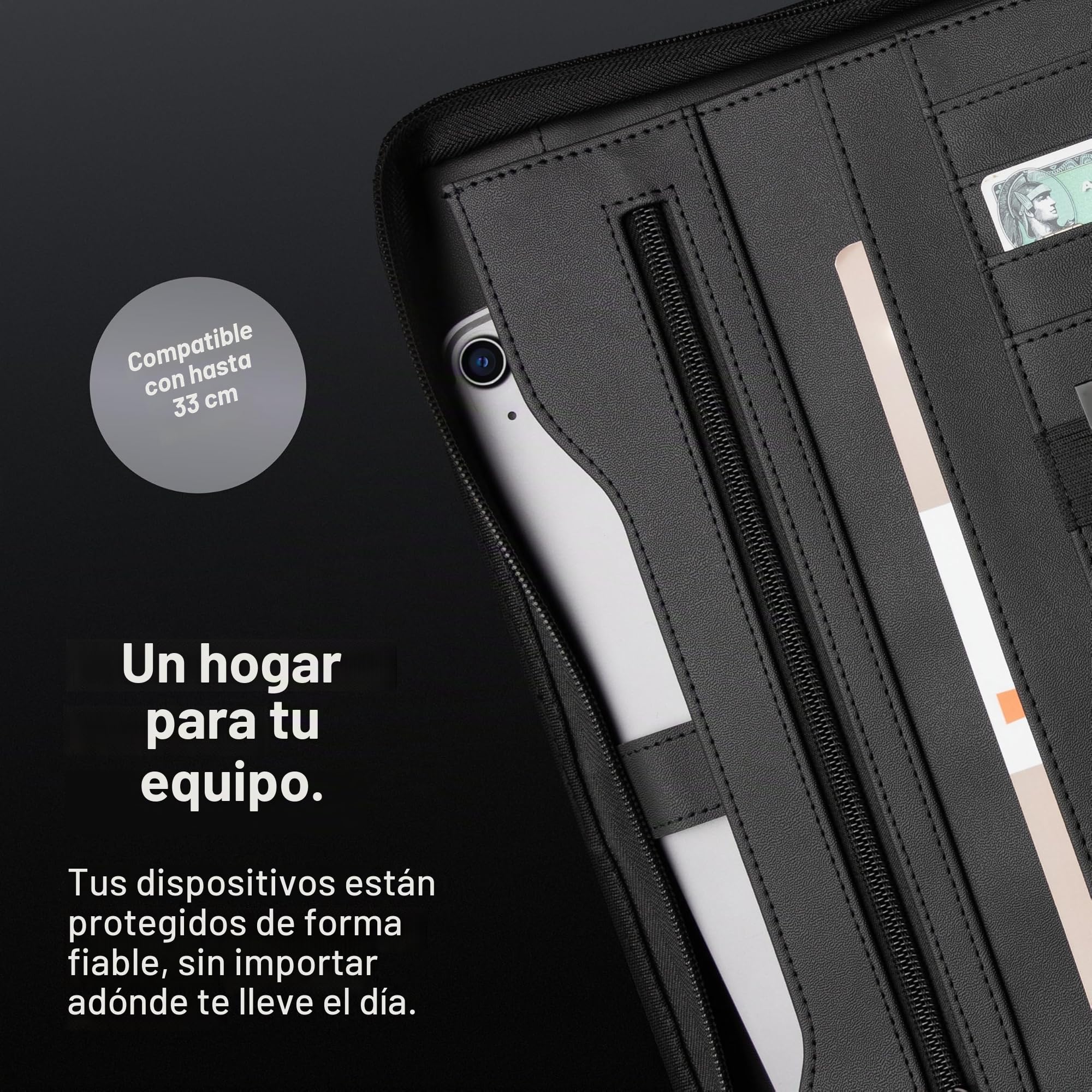 Vebon® Carpeta de anillas A4 'Berlin' con cremallera y portapapeles, funda para ordenador portátil, espacio extra, Negro, piel sintética, kirschrot