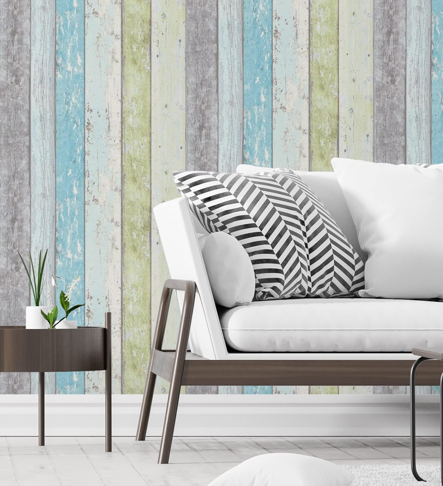 GAULAN 453157 - Papel pintado vinílico lavable efecto listones de madera turquesa tropical para pared salón cocina baño comedor - Rollo de 10 m x 0,53 m