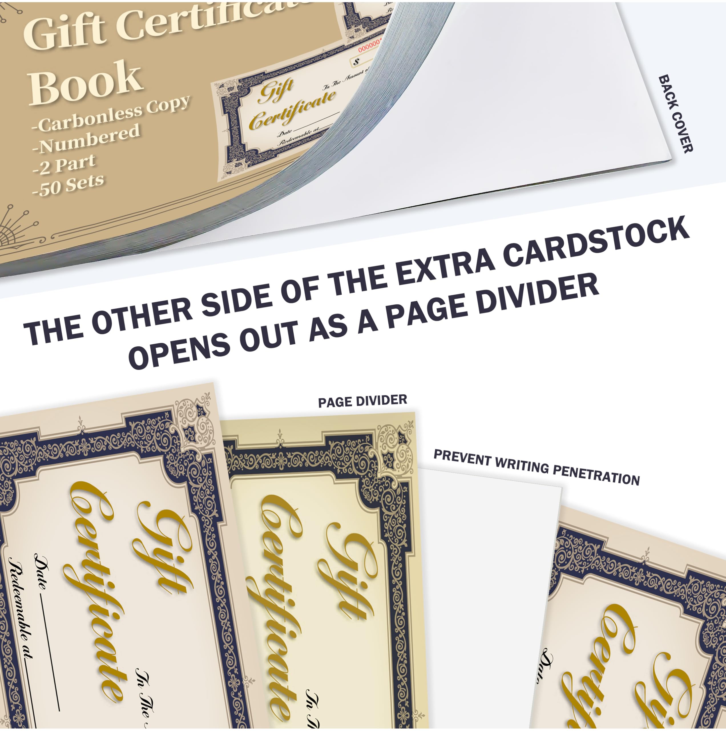 50 Sets Gift Certificate Book 8 x 3.6 Inch Vintage 2 Part Carbonless Duplicate with Kraft Envelopes and Serial Numbers for Small Business Salon Spa Retail Restaurant Office (1)