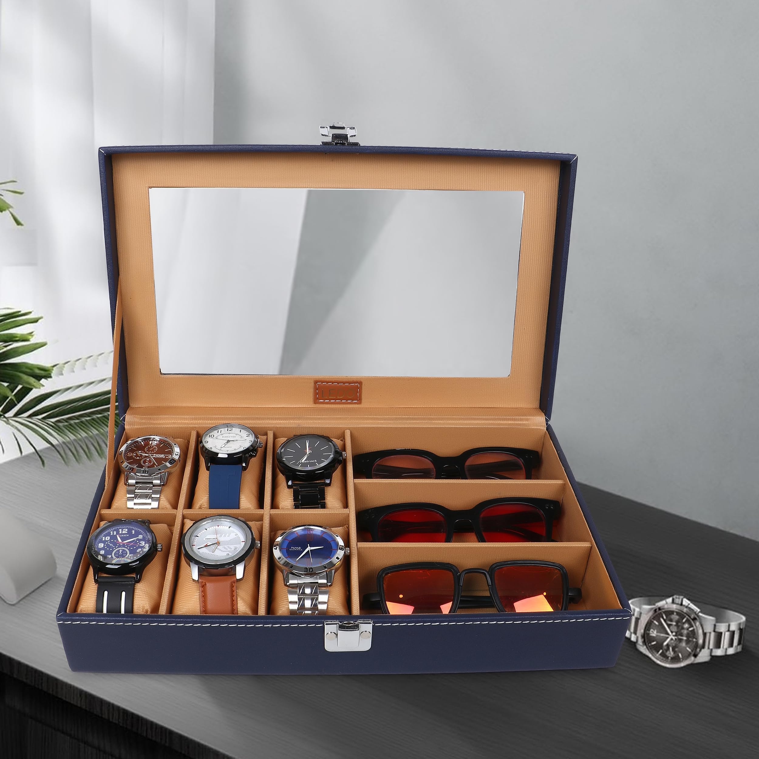 LEDO Watch Box Organizer with 6 Watch Slots and 3 Sunglasses Slots, Blue and Cream, PU Leather, Rectangular, Metal Clasp Lock, Transparent Display Window