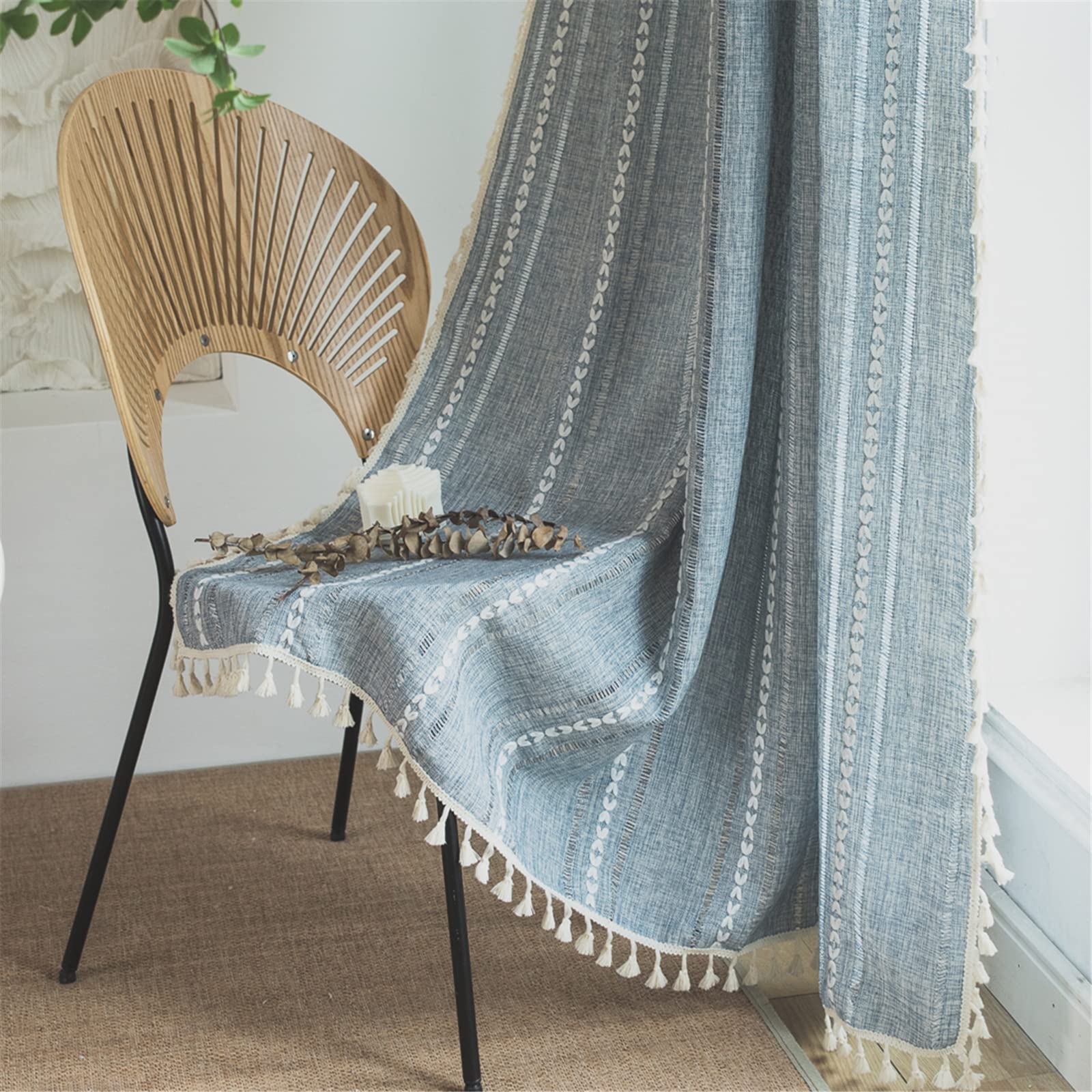 Sutuo Home Boho Curtain Striped Embroidery for Bedroom Living Room Patio, Semi-Blackout Linen French Country Vintage Chic Tassels Hollow Window Treatment Bohemian Drape, 1 Panel 52" W x 108" L, Blue