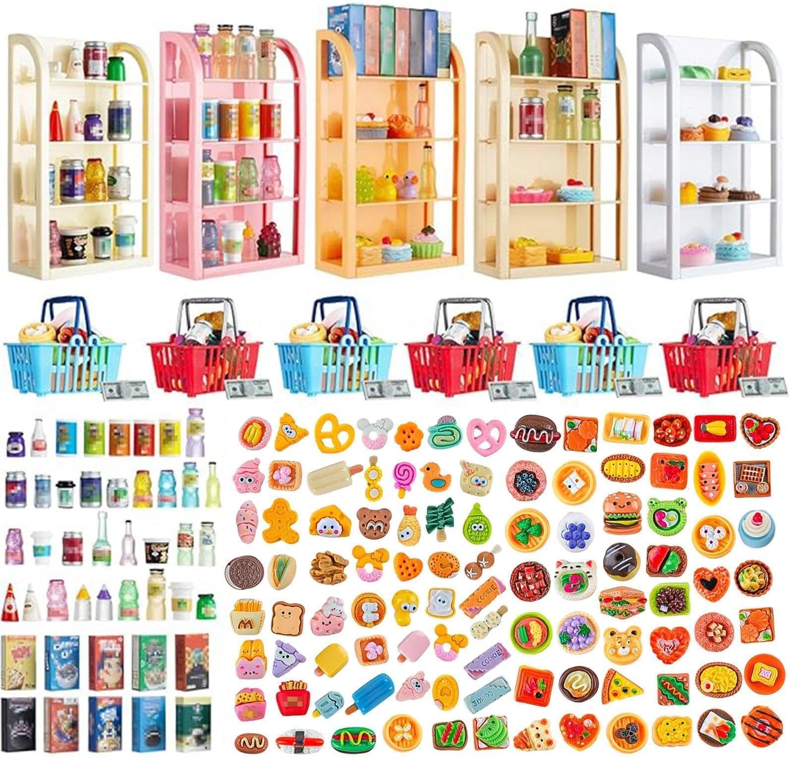 164pcs Miniature Supermarket Shelves Furniture Model 4 Layers Shelf Display Rack Doll House Accessory Storage Bookshelf Accessories Mini Locker Decor Food Drink Bottle Toy Cosplay Game Party