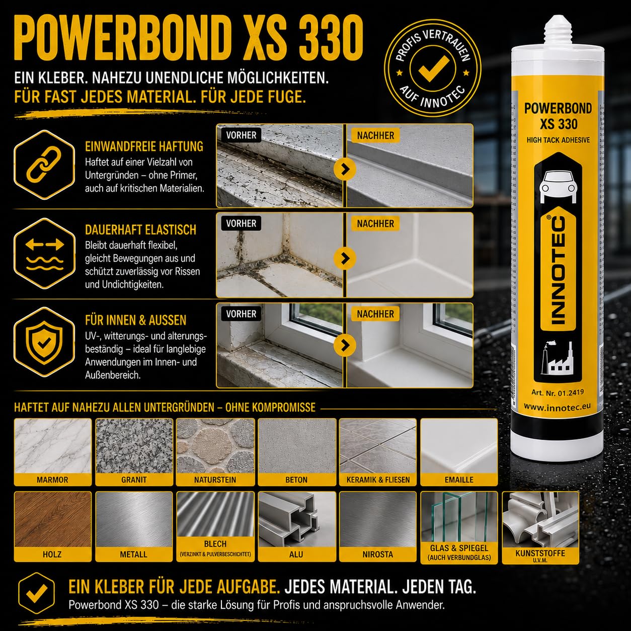 4 Stück Innotec Powerbond Schwarz - Premium Montagekleber - Kleben statt Bohren Wasserresistent - Kraftkleber für innen & außen - hohe Anfangshaftung universell einsetzbarer Baukleber - Kleber XS 330