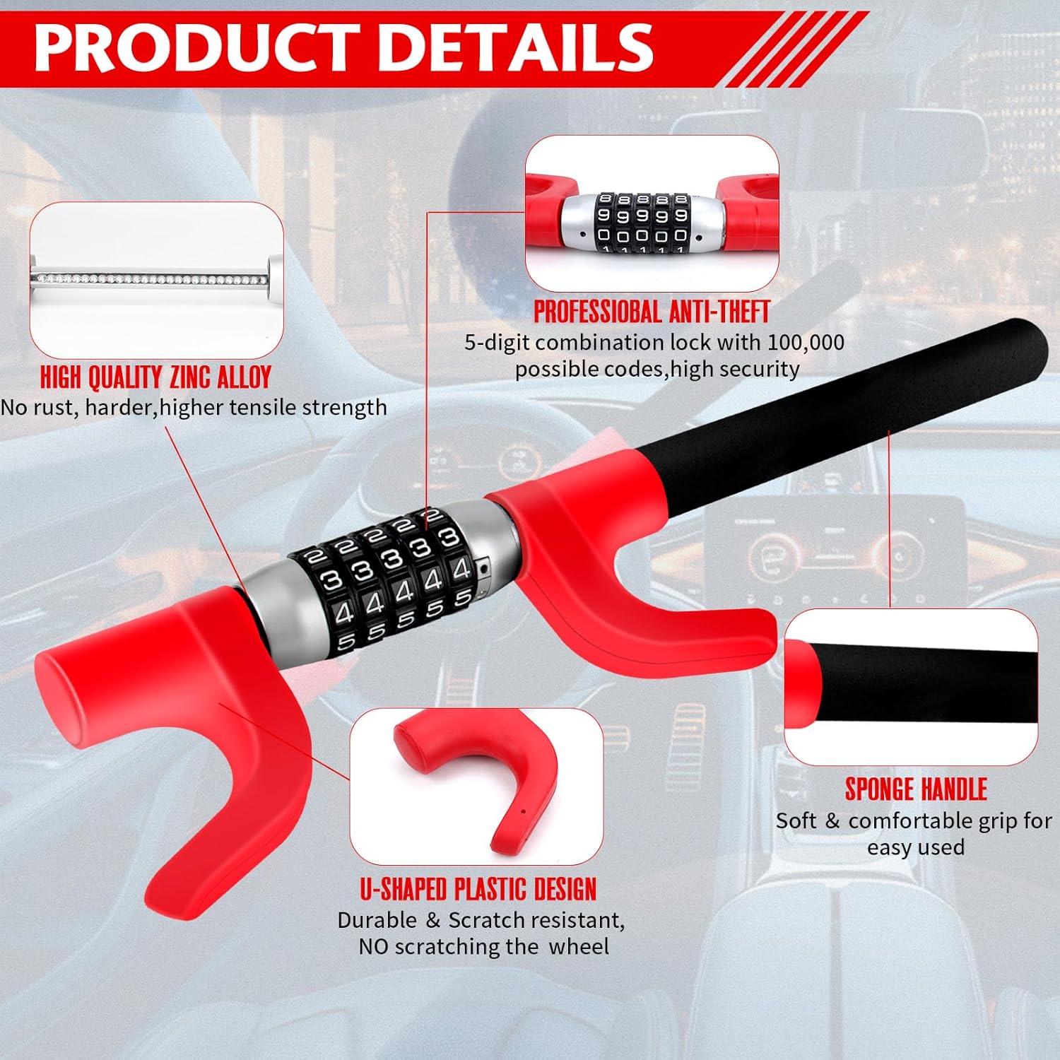 Car Steering Safety Wheel Lock Anti-Theft Device,Multiple Password High-Security Vehicle Lock, Adjustable Heavy-Duty Protective Retractable Universal Steering Lock for Cars, SUVs, Trucks