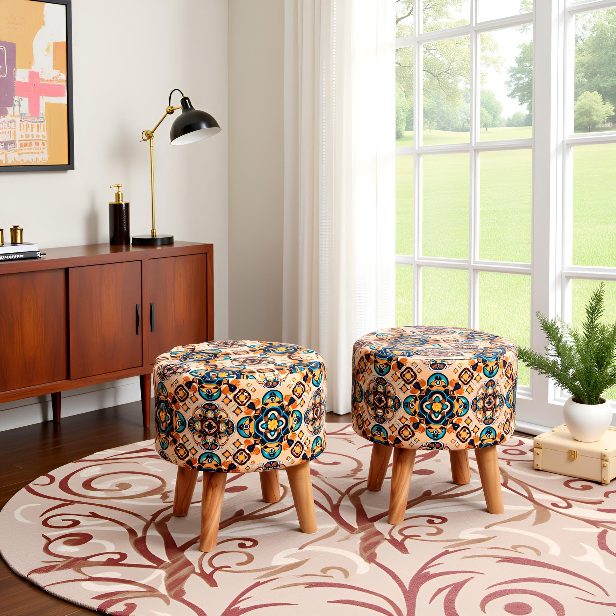 NACIA Stylish Printed Ottoman Stool (16 X 17 Inch) | Soft Cushioned Top for Sitting & Footrest | Pouf Footstool with Puffy Foam & Wooden Legs | Modern Home Decor for Living Room Buta