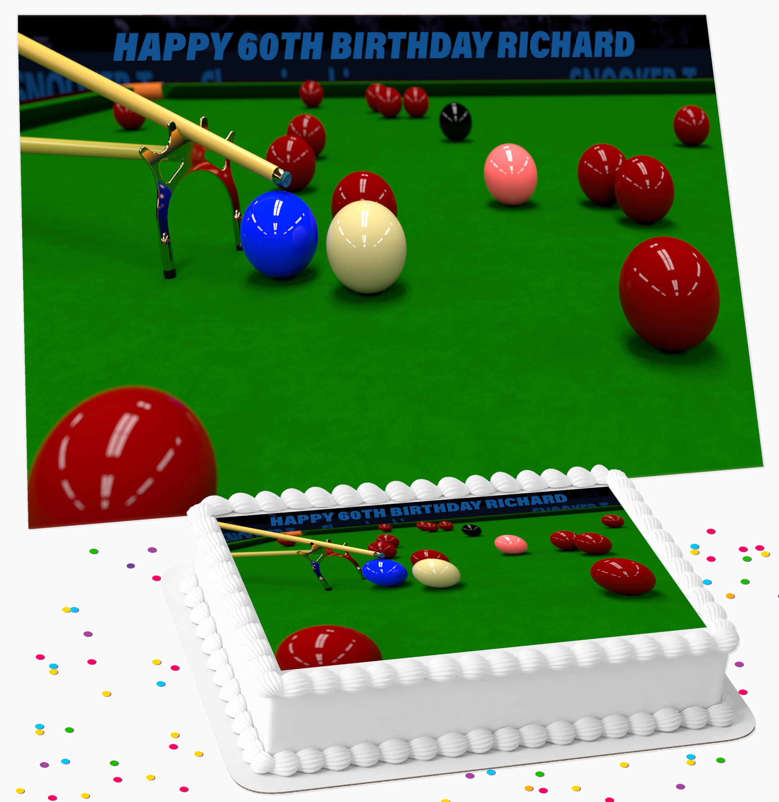 SNOOKER BIRTHDAY PARTY PERSONALISED ICING EDIBLE LARGE CAKE TOPPER DECORATION SUITABLE FOR USE ON COSTCO CAKE R2-4137