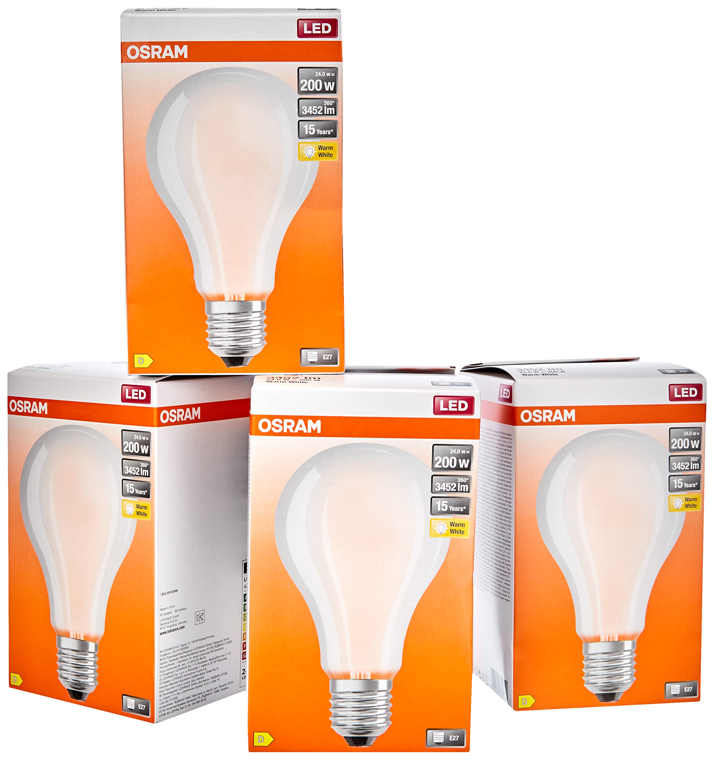 Osram LED Star Classic A200, matte Filament LED-Lampe in Birnenform, E27 Sockel, Warmweiß (2700K), 3452 Lumen, Ersatz für herkömmliche 200W-Glühbirnen, 4er-Pack