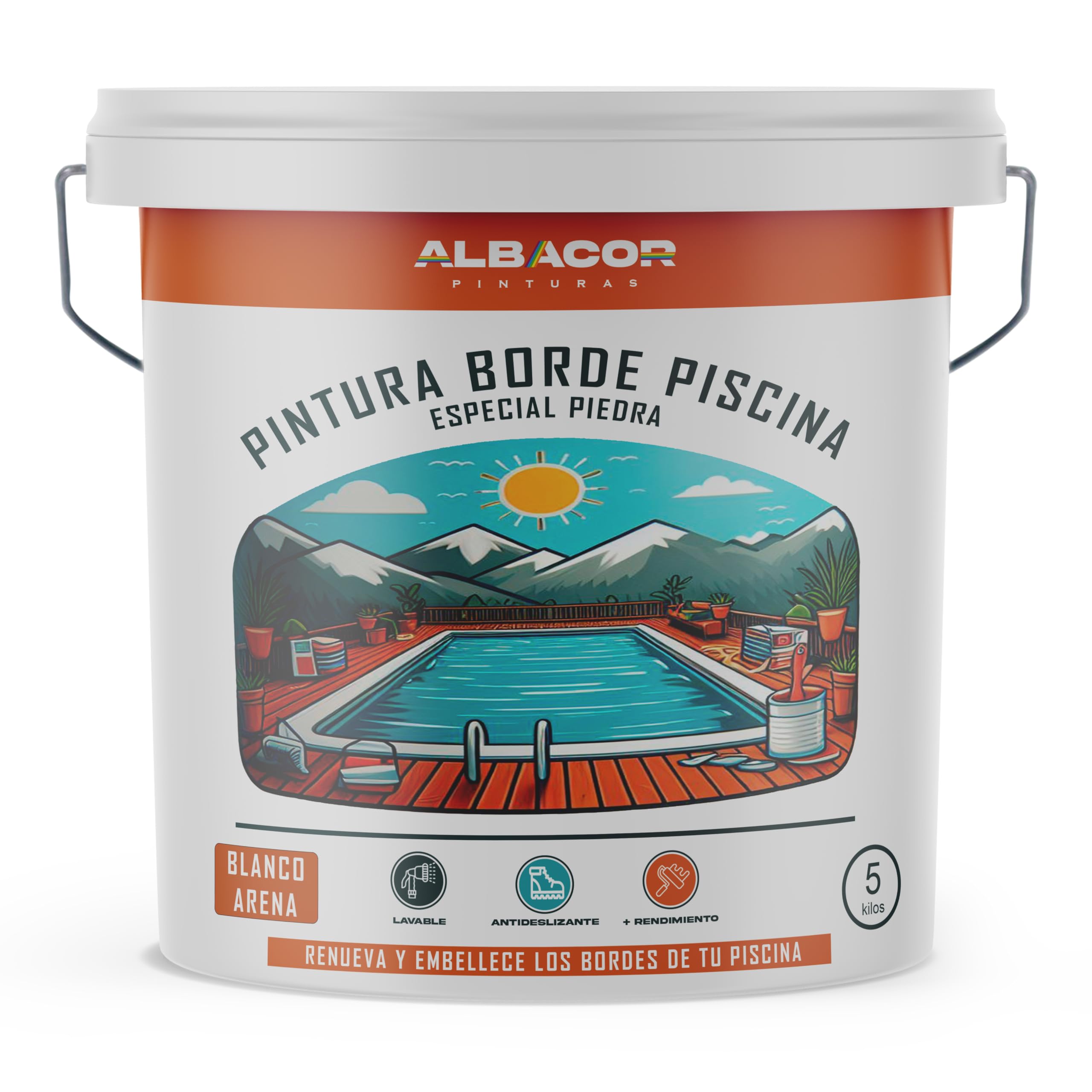 ALBACOR Pintura para Bordes de Piscinas y Piedra de Coronación - Antideslizante Especial para Renovar - Alta Resistencia (Blanco Arena, 5 Kilos)