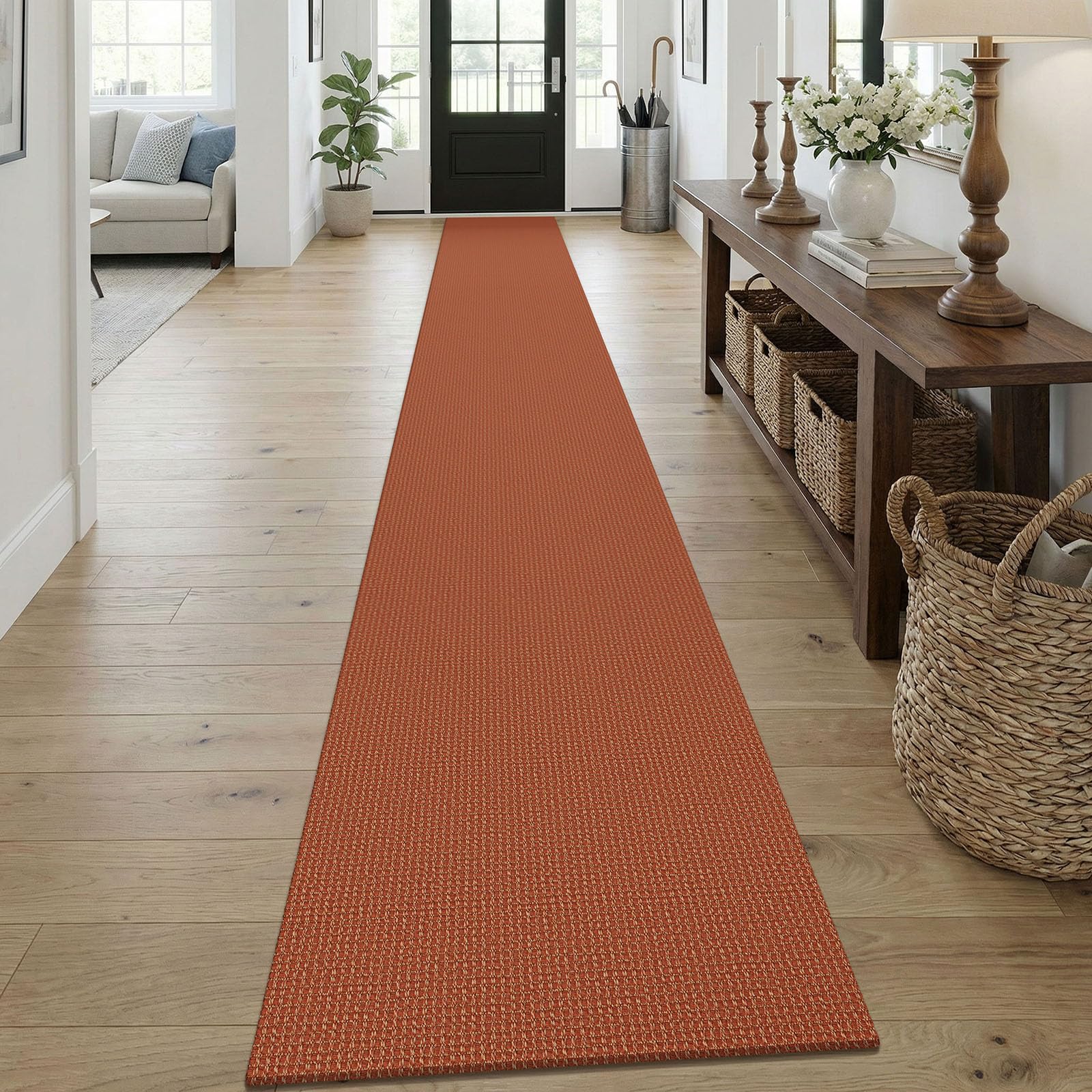KOZYFLY Orange 2x18 Runners Rugs for Hallway, Extra Long Washable Runner Rug, Woven Non Slip Kitchen Runner, Cotton Entryway Rug, Floor Carpet for Entry, Aisle, Hall, Burnt Orange/Tan — image 1