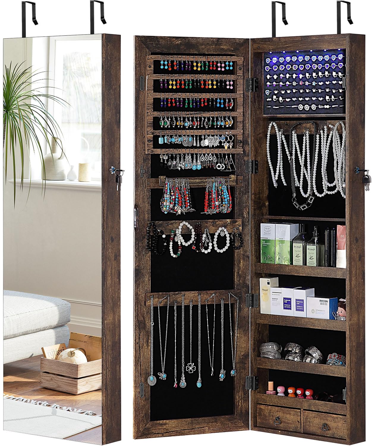 GISSAR Full Length Mirror Jewelry Cabinet, 6 LEDs Jewelry Armoire Wall Mounted Over The Door Hanging, Jewelry Organizer Storage with Lights Lockable, Vintage Brown