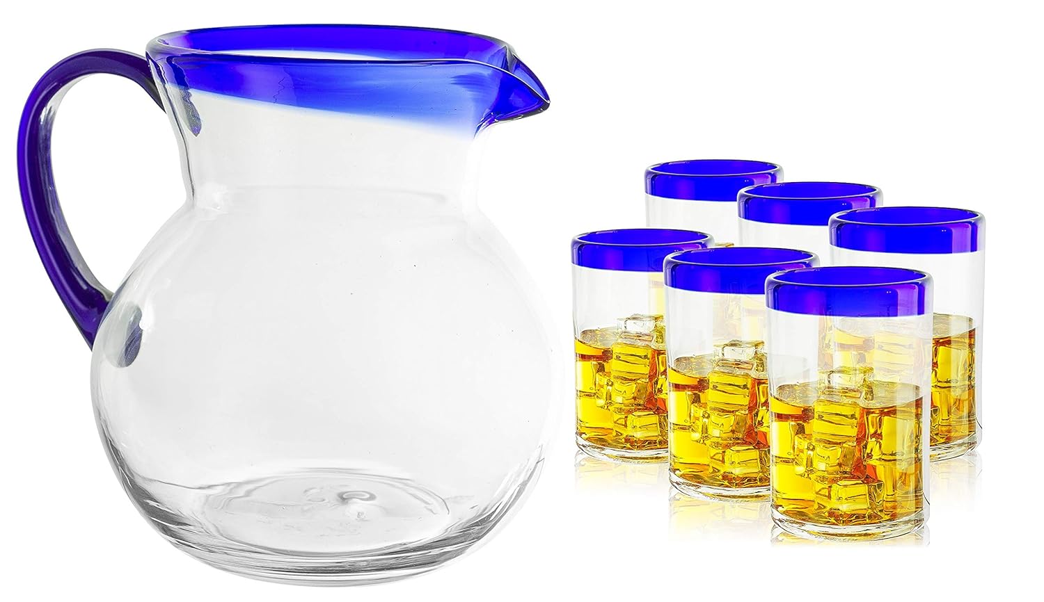 Cobalt Rocks Mexican Hand Blown Glass Pitcher Glass Set Mexico Drinking Pitcher Glasses Set of 6 Glasses Carafe