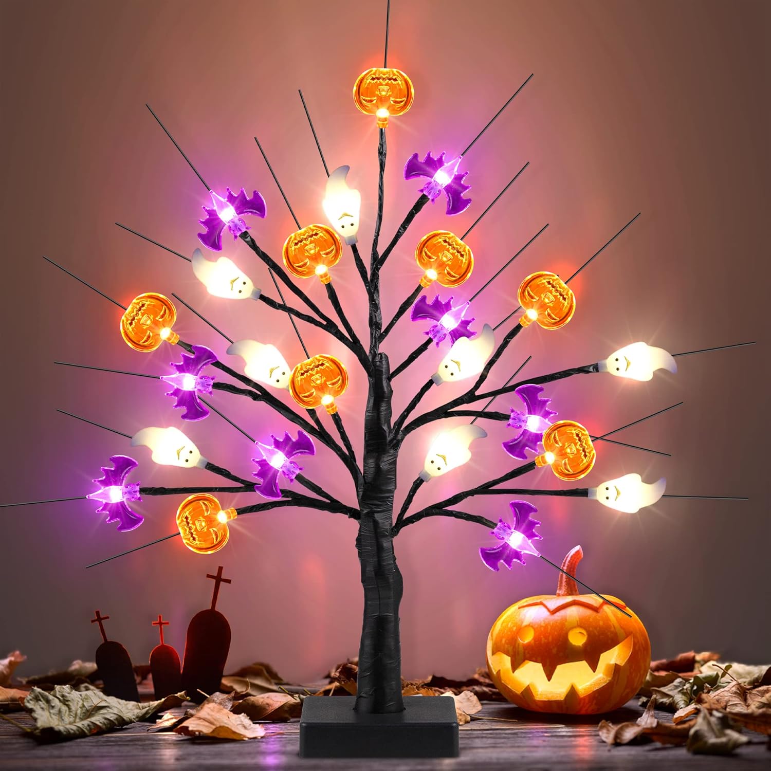 18 Inch Black Halloween Tree Light with 24 LED Pumpkin Bat Ghost Lights, Timer/USB/Battery Operated Halloween Lights Halloween Decorations Indoor Outdoor for Home Table Mantle Halloween Party Decor