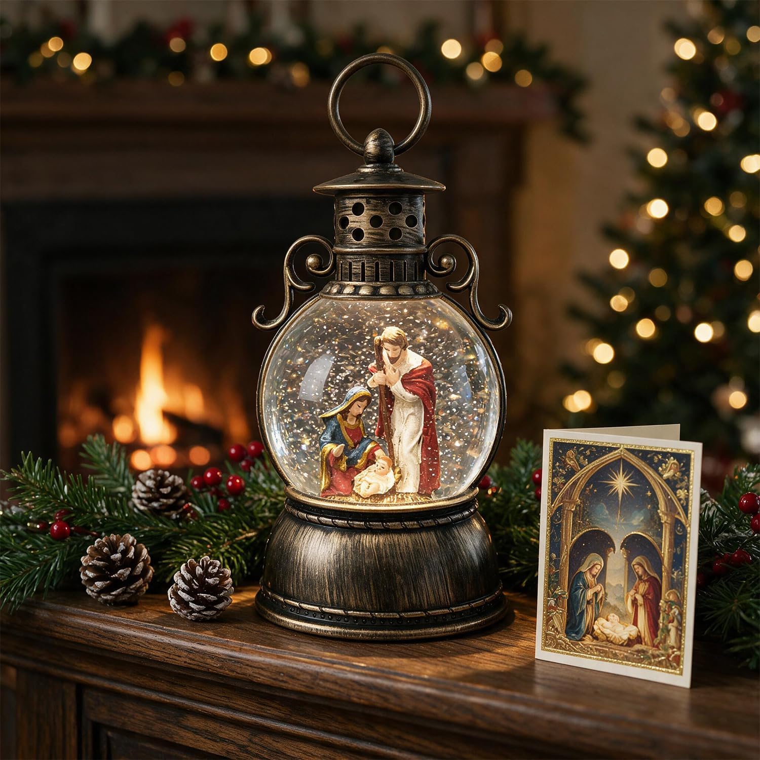9.6" Christmas Snow Globe Lantern with Music & LED Lights, USB & Battery
