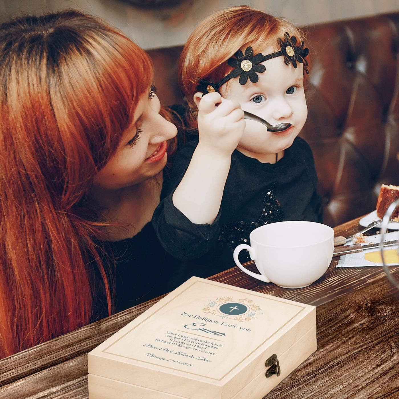 Maverton Kinderbesteck Set mit Gravur + Holzbox mit Aufdruck - mit Tieren - aus Edelstahl - Weihnachtsgeschenke - Braun - Geschenk für Mädchen zum Geburtstag zur Taufe Geburt - Kreuzchen