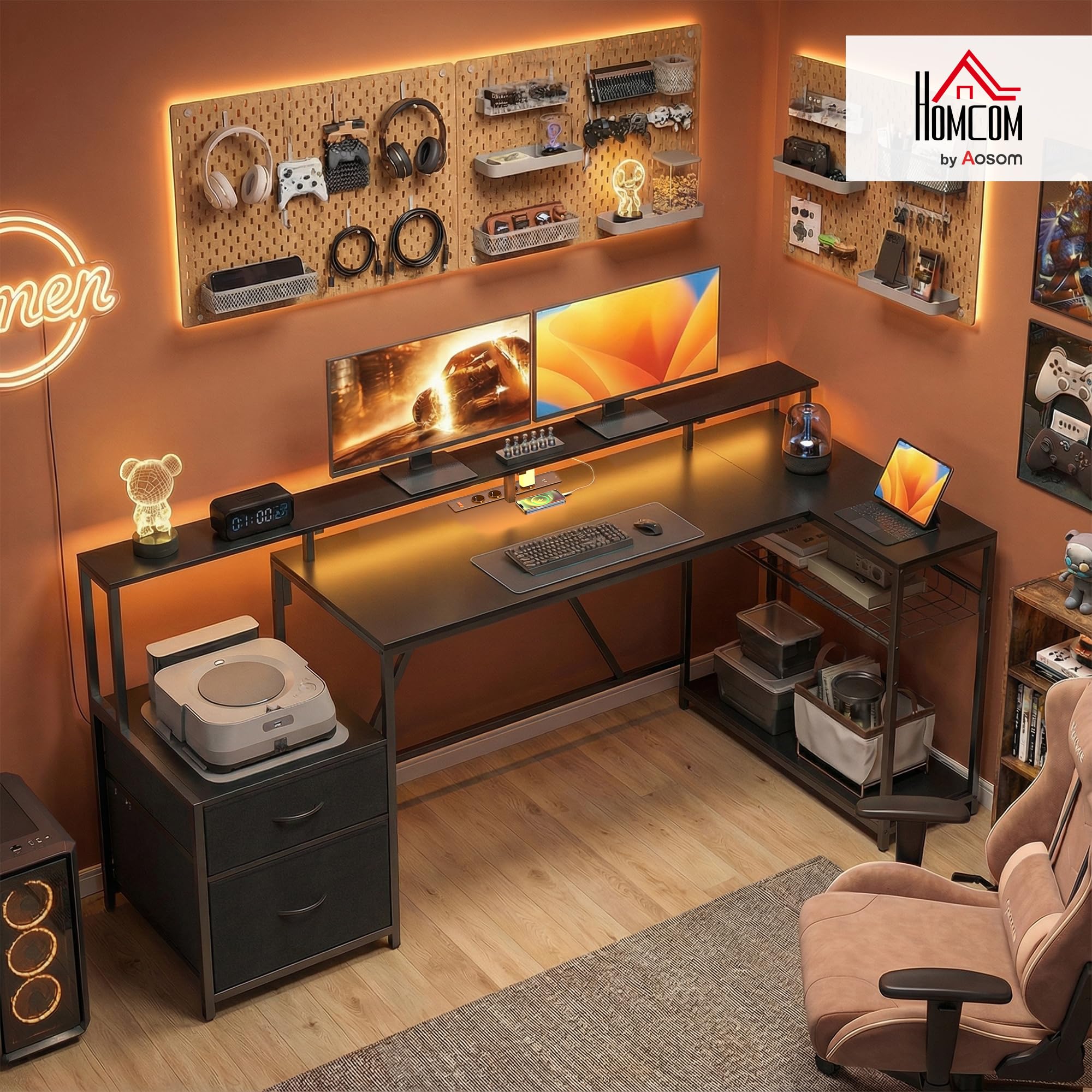 HOMCOM Scrivania Gaming Reversibile ad L con LED, 192.5cm Scrivania Angolare con Prese Elettriche, Supporto Monitor e CPU, 2 Cassetti in Tessuto per Documenti A4/Legale, per Casa Ufficio Studio, Nero