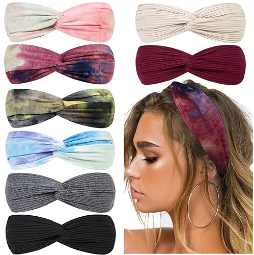 Miniatura 29 de Huachi Diademas para mujer con nudos torcidos, bandas elásticas bohemias para el cabello, antideslizantes, para niñas, turbante entrecruzado, liso