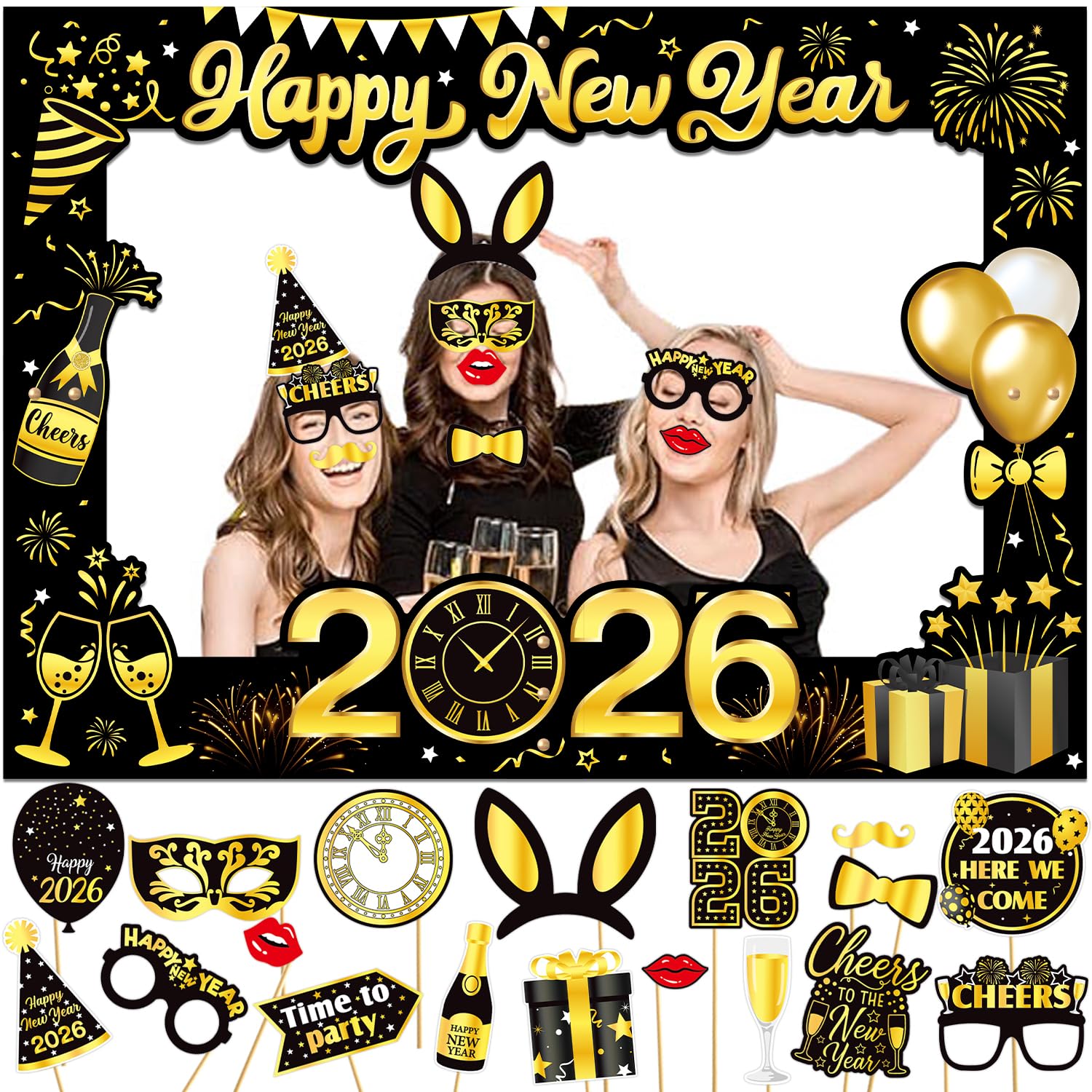 New Years Eve Decoration 2026, Giant Happy New Year's Selfie Frame, 18pcs New Years Photo Booth Props, Paper New Year's Party Photo Booth Frame, Funny NYE Party Supplies
