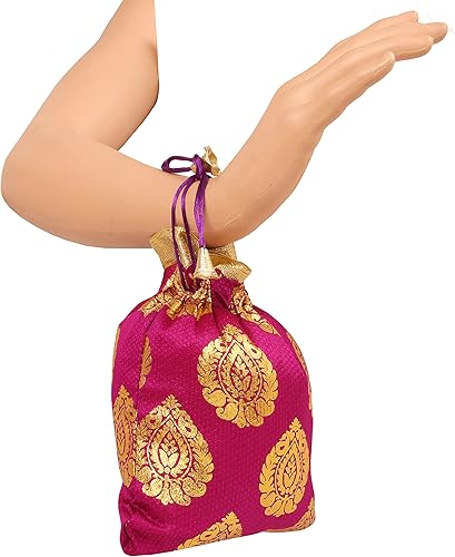 Miniatura 5 de Touchstone Bolsas de cordón tradicionales indias hechas a mano en tejido brocado con patrón de hojas de ficus. Perfecto para regalos, joyas, bodas,