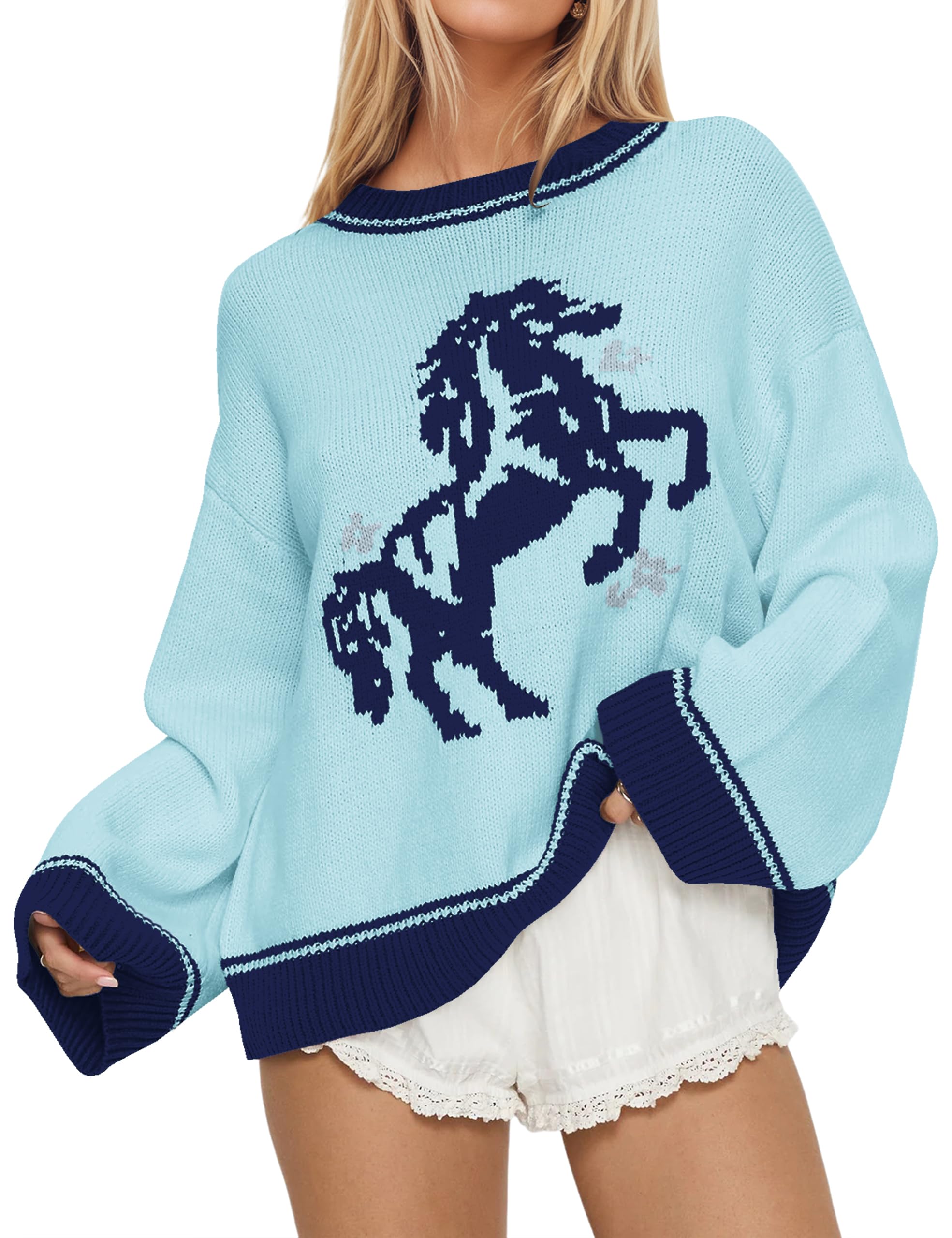 Crew Neck Oversized Sweater for Women Y2k Long Sleeve Sweaters Horse Graphic Knit Pullover Trendy Fall Sweater 2026