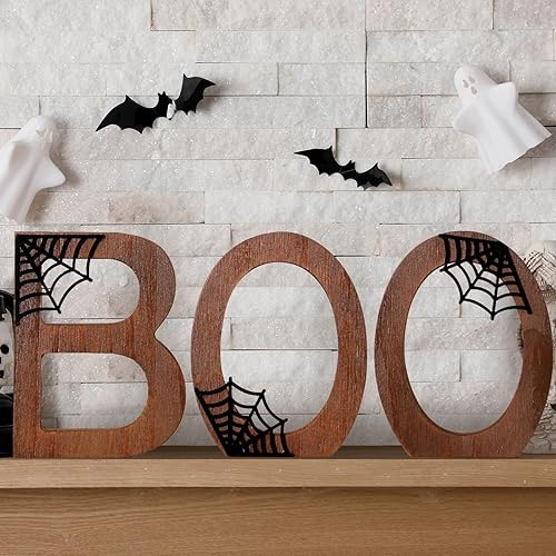 Bucherry 3 piezas de letrero de Halloween Boo decoración de mesa de madera Happy Boo Day para interiores, decoración de bandeja de niveles retro,