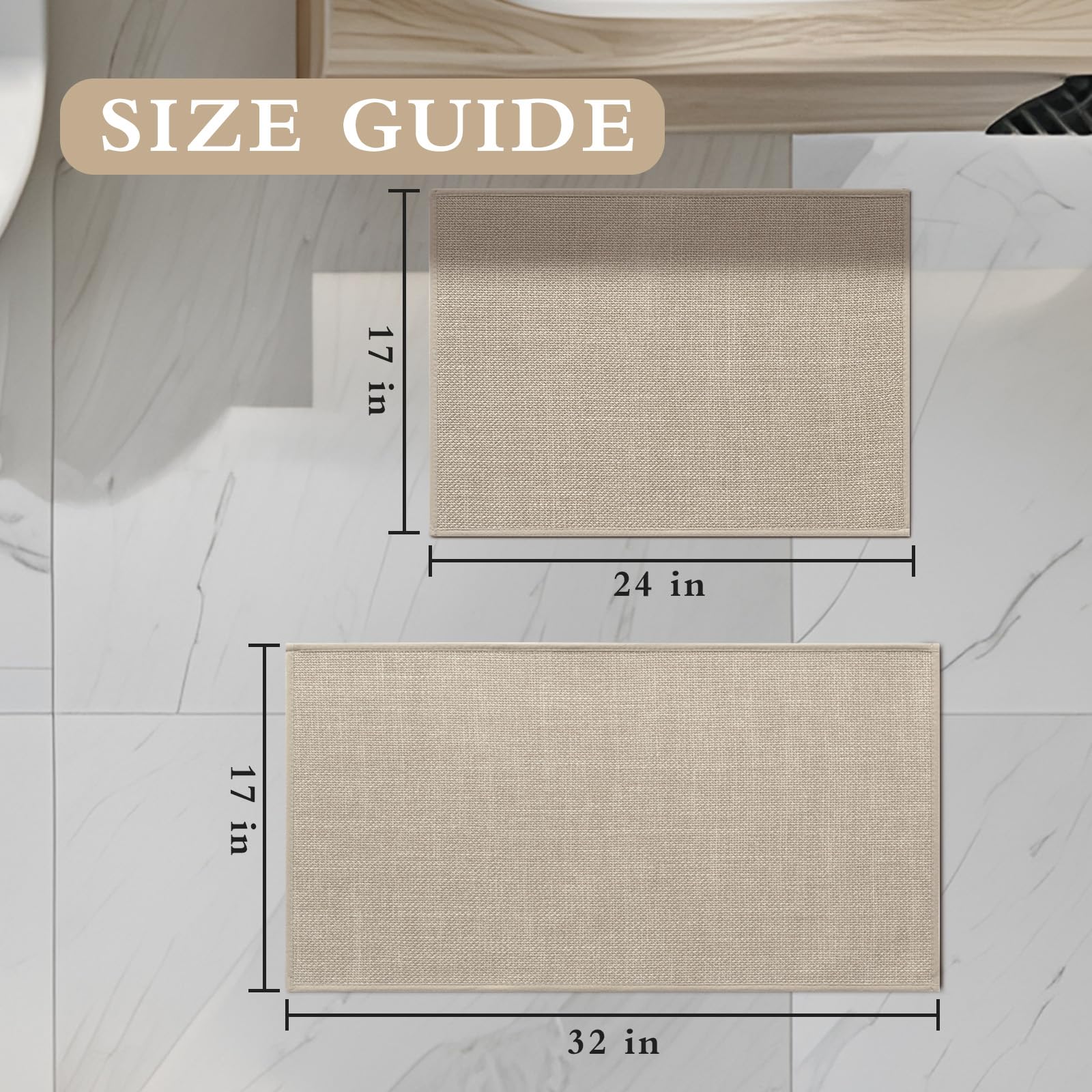 YIHOUSE Juego de 2 alfombras de baño beige, de secado rápido, delgadas, absorbentes, antideslizantes, lavables para inodoro y suelo (17 x 24 pulgadas + 17 x 32 pulgadas)
