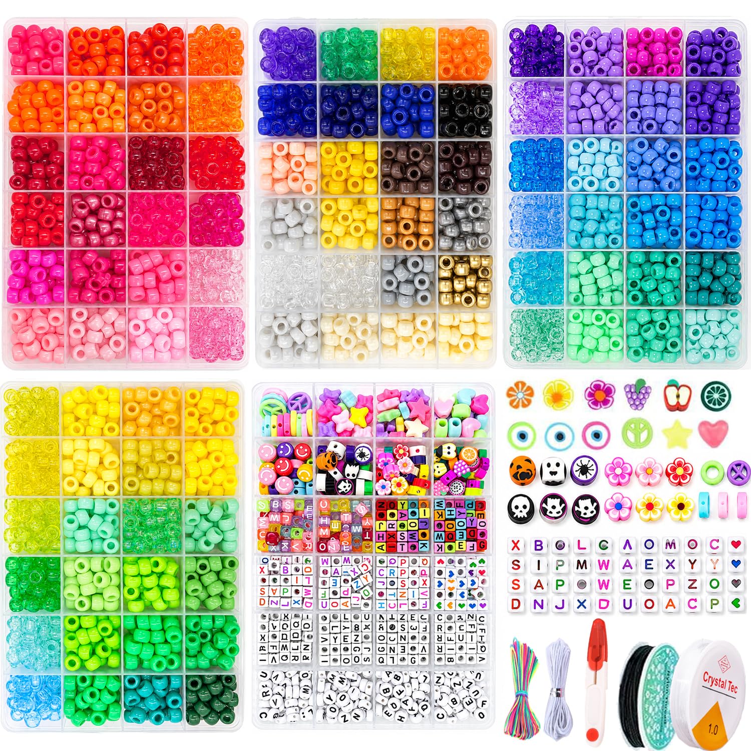 LYMOOR 3500 Pony Beads Set 96 Colors, 1000pcs Letter Bead with Evil Eye and Charms, Kandi Beads for Bracelet Making Kit, DIY Craft Hair Braid for Jewelry Necklaces Craft, with Bracelet String