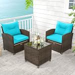 ORALNER 5 Pieces Patio Furniture Set with Ottoman, Wicker Conversation Set w/Cushions, Glass Coffee Table, Outdoor Lounger Rattan Chairs Bistro Set for Porch Balcony Garden Deck Poolside (Turquoise)