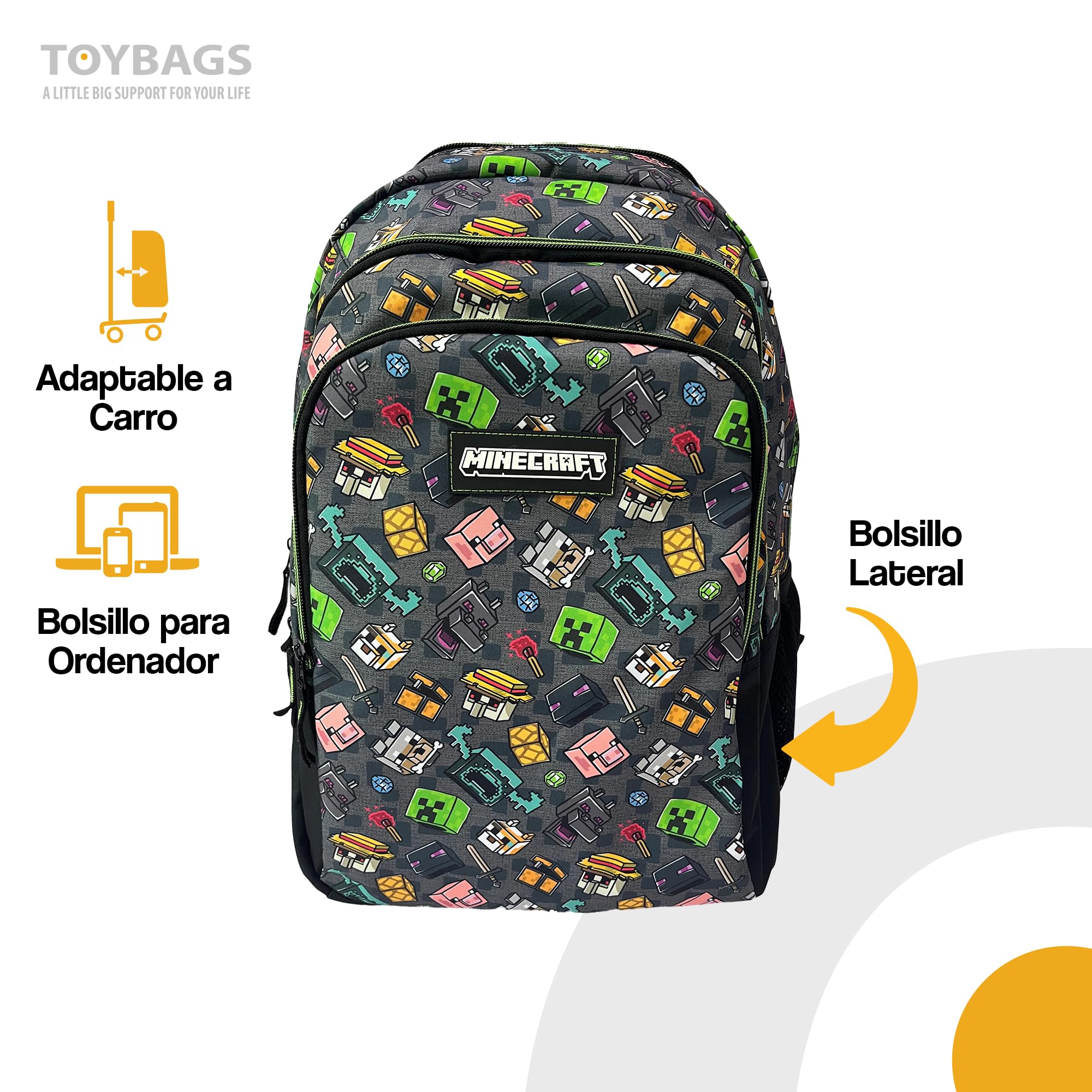 ToyBags Mochila Escolar Minecraft Pixel 25 Doble Compartimento Adaptable con Carro Negro con Protección Lateral y Stoper Frontal Anti Caída 4 Ruedas Giratorias 44 x 30 x 20 cm