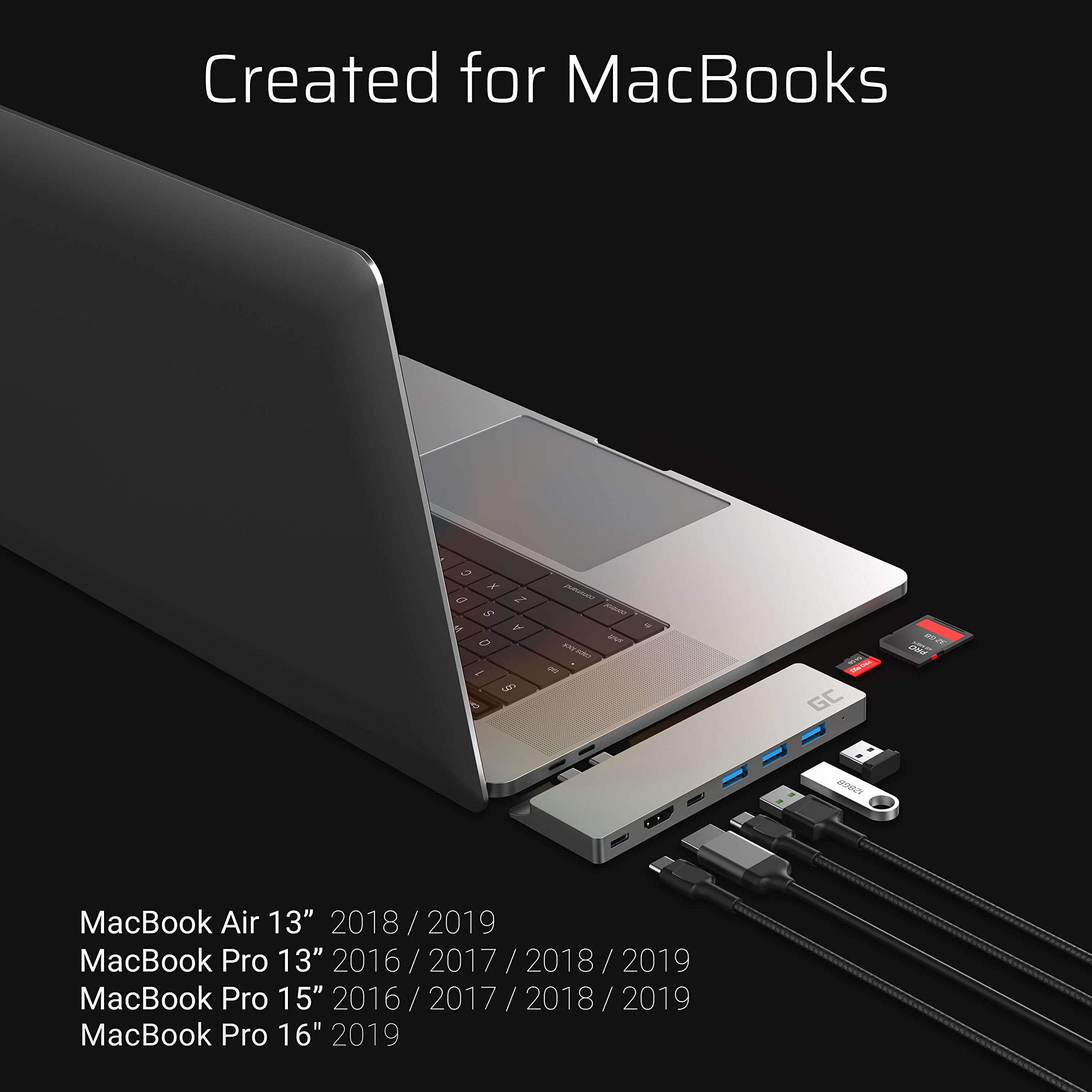Green Cell Connect60 HUB USB-C 8im1 Adapter Dockingstation(Thunderbolt 3 (4K 60Hz), USB-C, 3xUSB 3.0, HDMI, microSD, SD) Power Delivery 100W für MacBook Pro 13" / 15" (2016/2017/2018/2019), Air (2019)