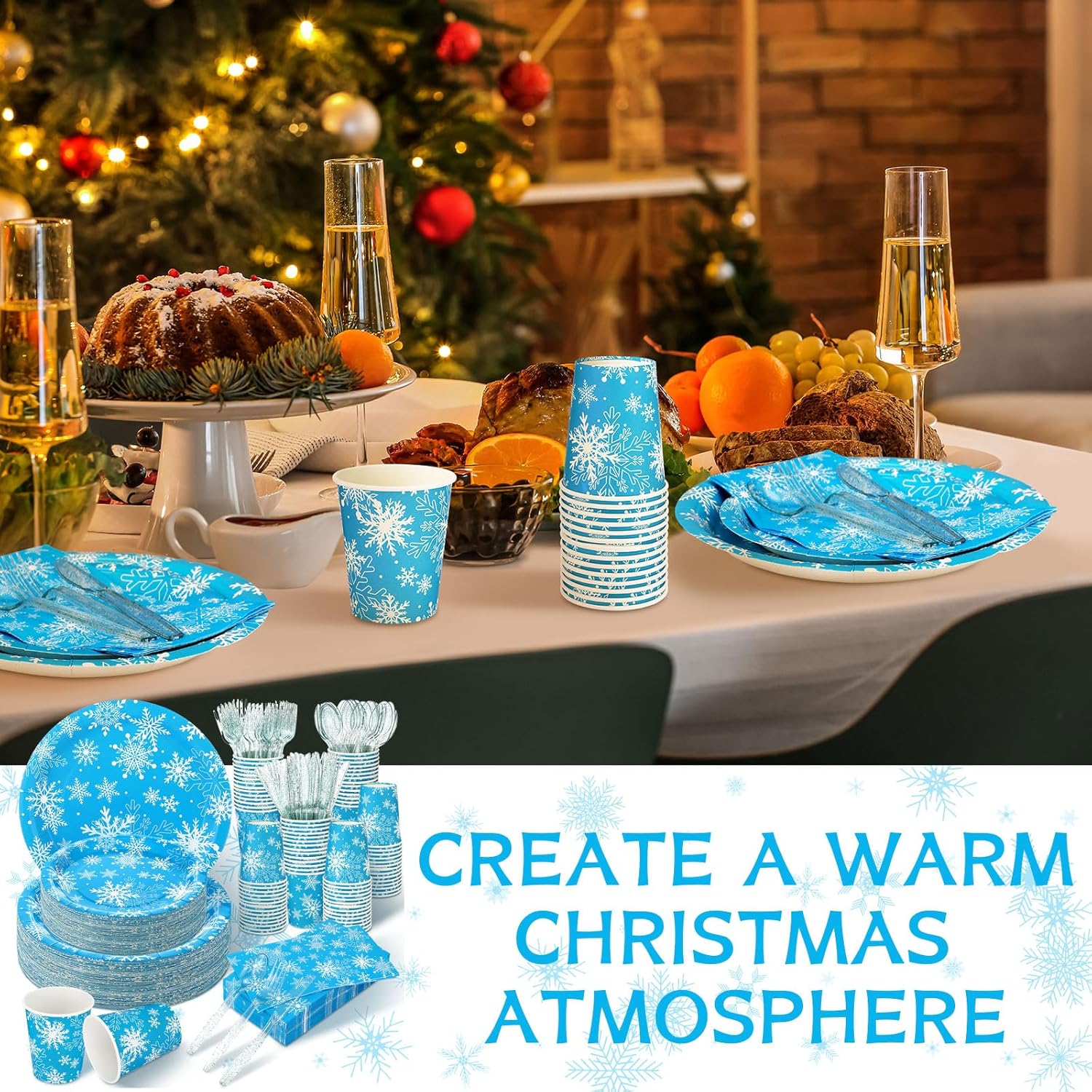 Sinmoe 400 Pcs Winter Dinnerware Set Disposable Winter Plates and Napkins Set Serve 50 Christmas Paper Dinner Plates Napkins Cup Christmas Party Supplies for Holiday(Blue,Frozen Snowflake)