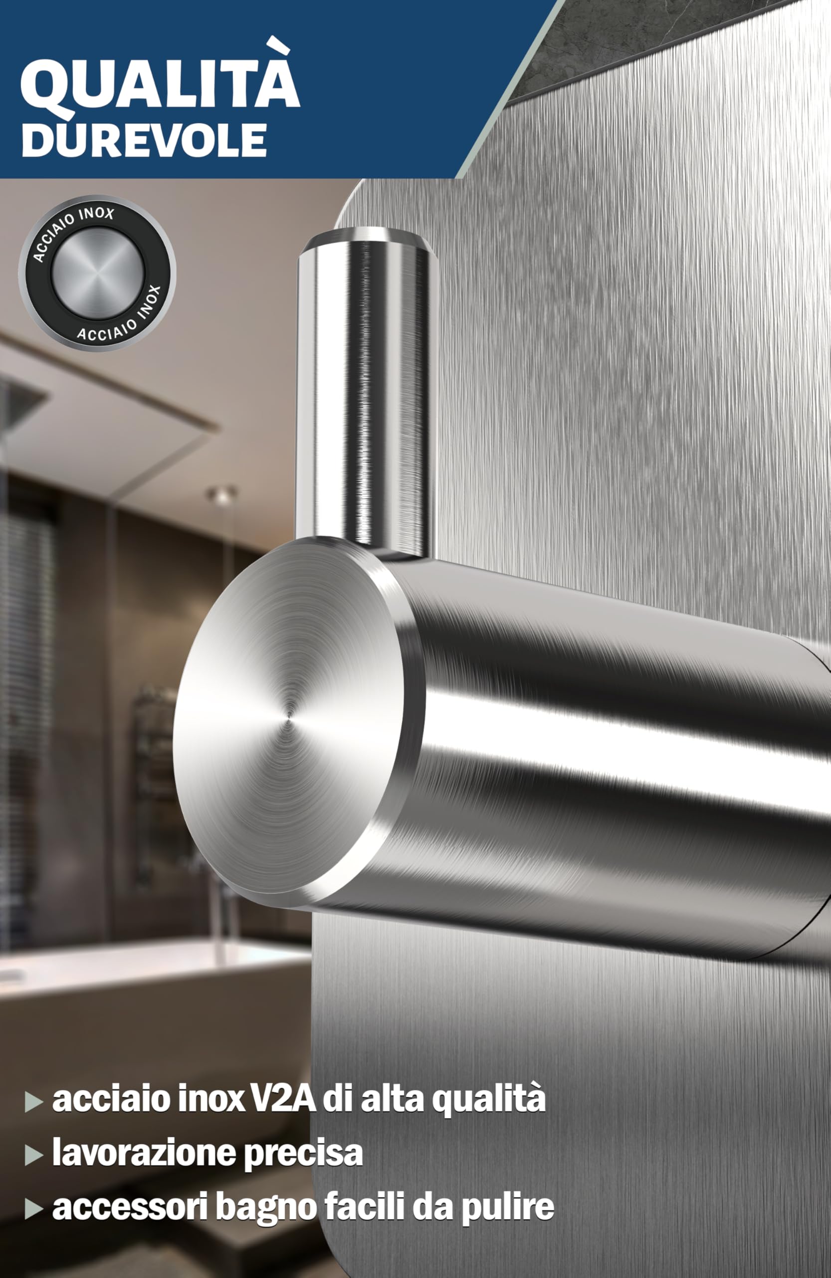 Menz Ganci Adesivi Bagno, Set di 4 - Adesivi Acciaio Inox di Alta Qualità, Appendi Porta Asciugamani Robusti, Appendi Accappatoio Bagno, Impermeabili per Cucina e Pareti, Argento