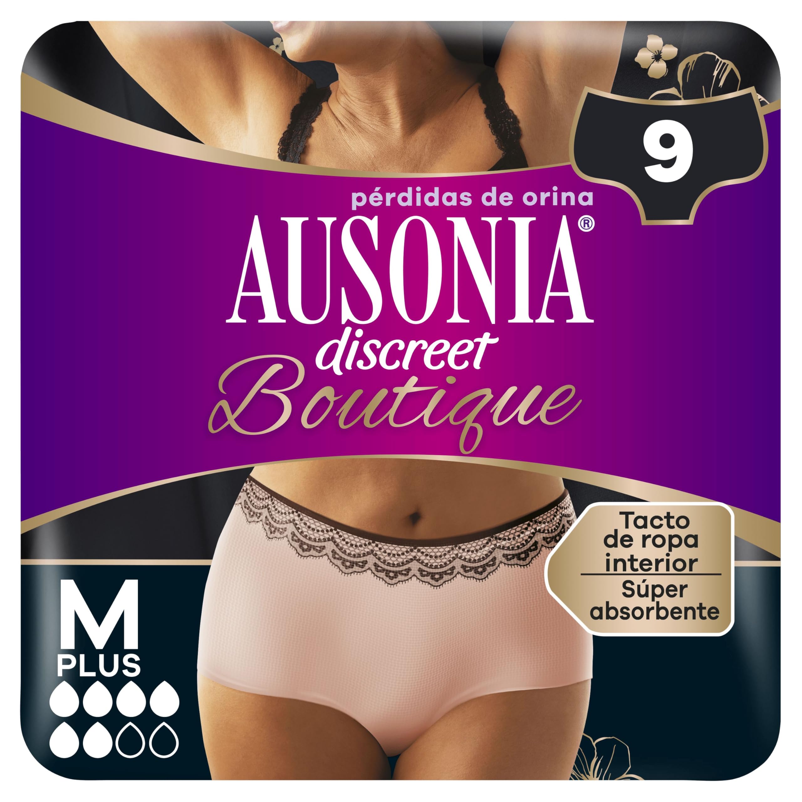 Ausonia Discreet Braguitas Boutique Beige Plus, Talla M, Pack de 18, Tacto Similar A La Ropa Interior, Superabsorbente, Diseño Curvo Para Un Ajuste Ceñido