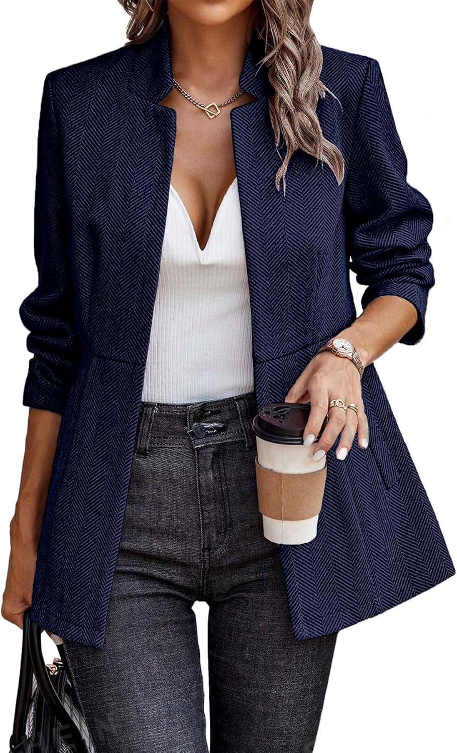 ELLEVEN Women’s Open Front Herringbone Blazer-Business Casual Long Sleeve Work Jacket with Full Lining and Padded Shoulders