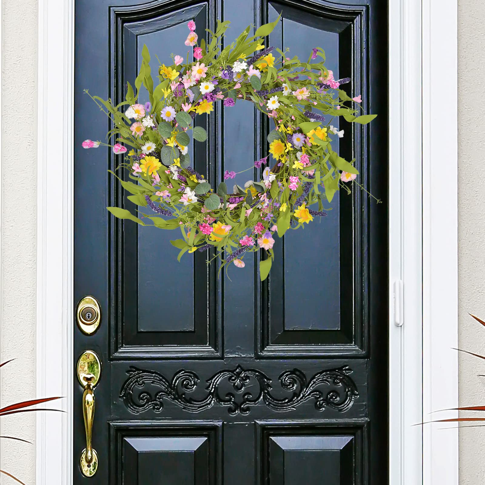 Ghirlanda di eucalipto con margherite artificiali, per primavera ed estate, per porta d'ingresso, parete, finestra, casa, matrimonio, festival