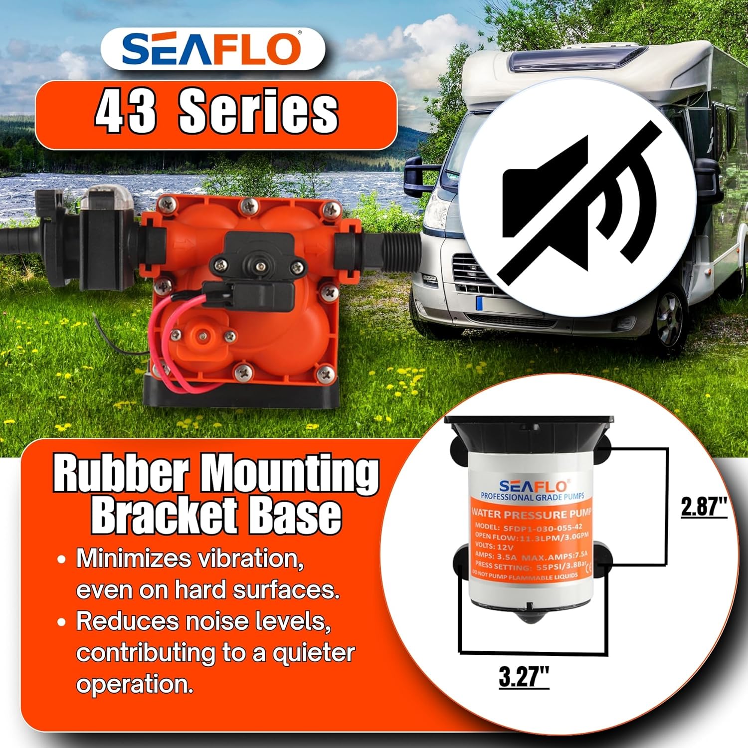 SEAFLO 43-Series Water Pressure Diaphragm Pump - 12V DC, 3.0 GPM, 55 PSI with Adjustable Pressure Switch, Self-Priming, Quick Attach - For RV, Boat, and Off-Grid Applications