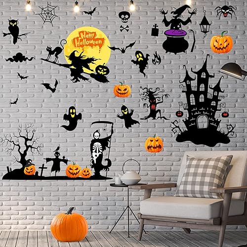 6 hojas de calcomanías de pared de Halloween, murciélagos negros, bruja, fantasma, castillo antiguo, calabaza, calcomanías de pared, decoración
