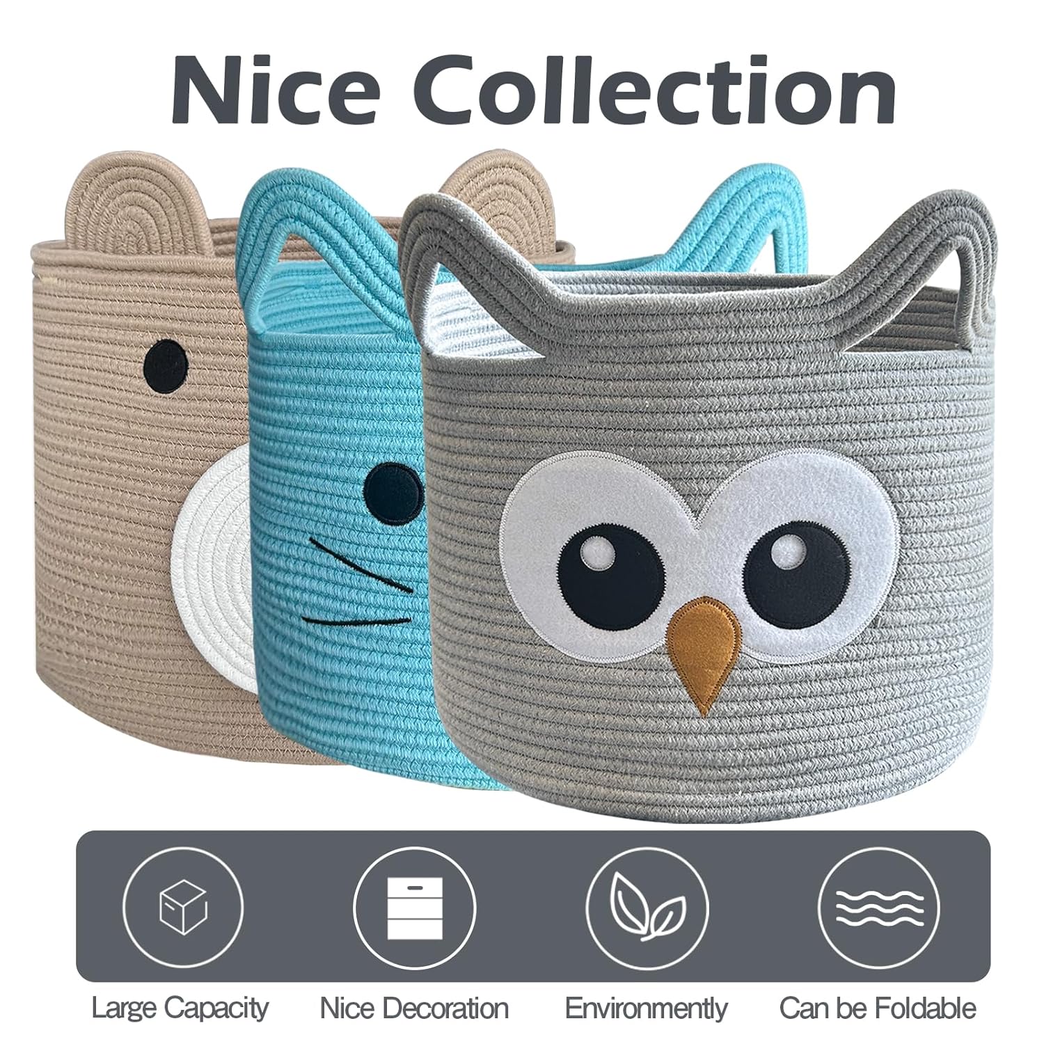 VK VK·LIVING Owl Storage Basket for Gift Foldable Cute Nursery Animal Toy Basket with Handles, Large Cotton Rope Baby Laundry Storage Organizer for Blanket Towels in Living Room Bedroom 15"Lx14"H - Image 7
