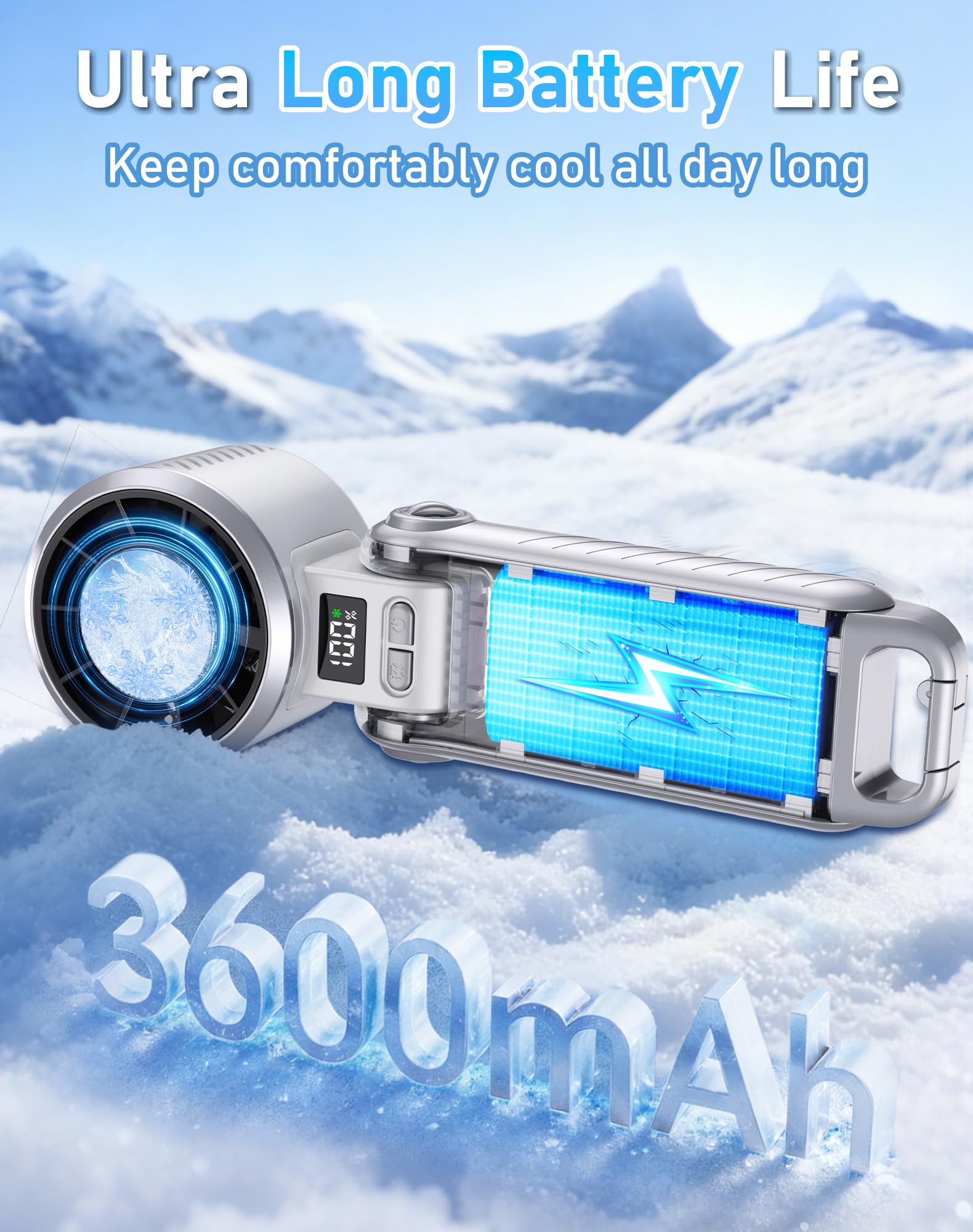 Ventilateur turbo portable avec refroidisseur de glace et écran LED, 5 en 1, pliable, rechargeable par USB, 5 vitesses, alimenté par batterie, cadeau idéal pour homme et femme, parfait pour le