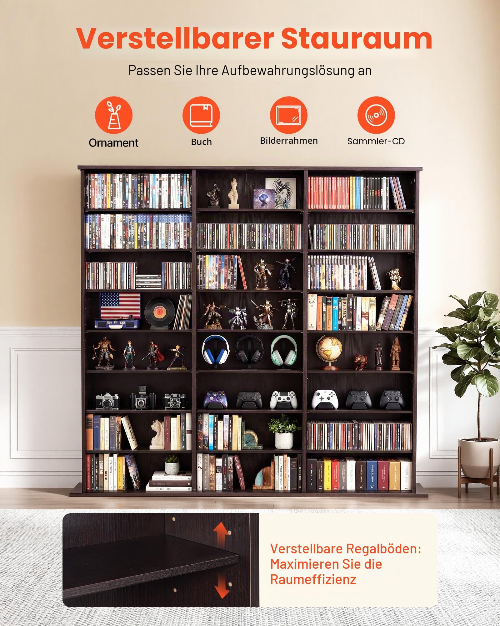VEVOR DVD-Regal mit 24 Fächern (8 Ebenen), Medienregal Standregal 142 x 22 x 130 cm, Platzsparendes Aufbewahrungsregal für CDs DVDs Bücher Spiele-Discs, Bücherregal für Wohnzimmer/Homeoffice, Braun