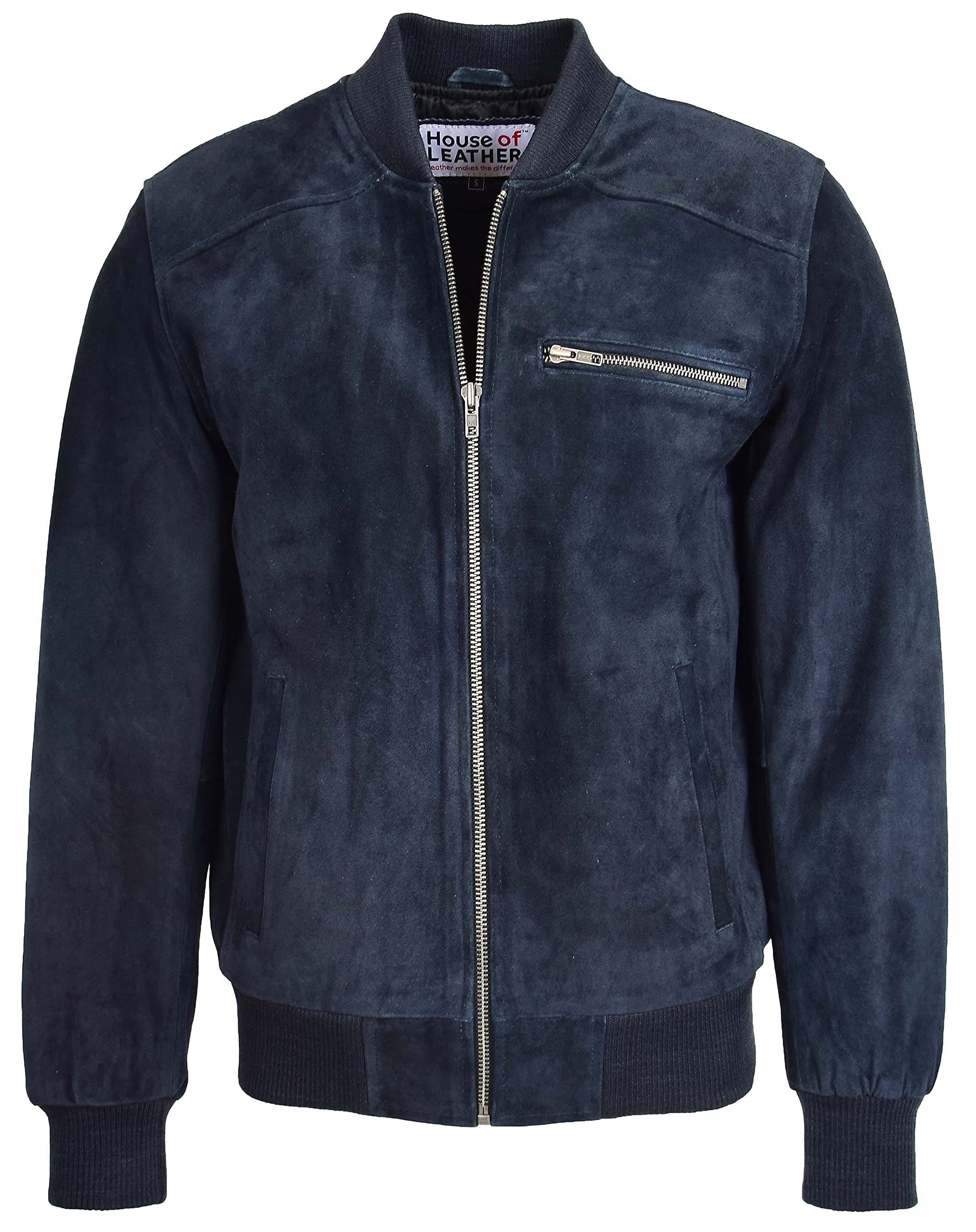House Of Leather Mens Real Suede Bomber Jacket Baseball Varsity Style Reg (3XL, Navy)