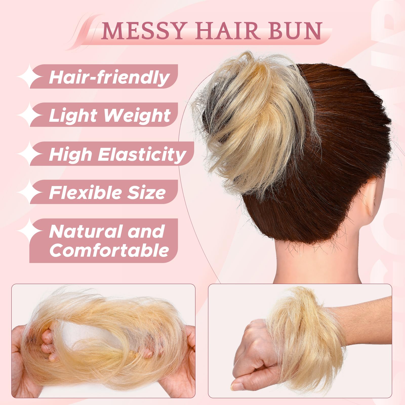 SEGO Pro Real Human Hair Messy Bun Scrunchie, Donut Bun Hair Piece for Women - Straight, 60# Platinum Blonde, Pack of 1 - Image 3