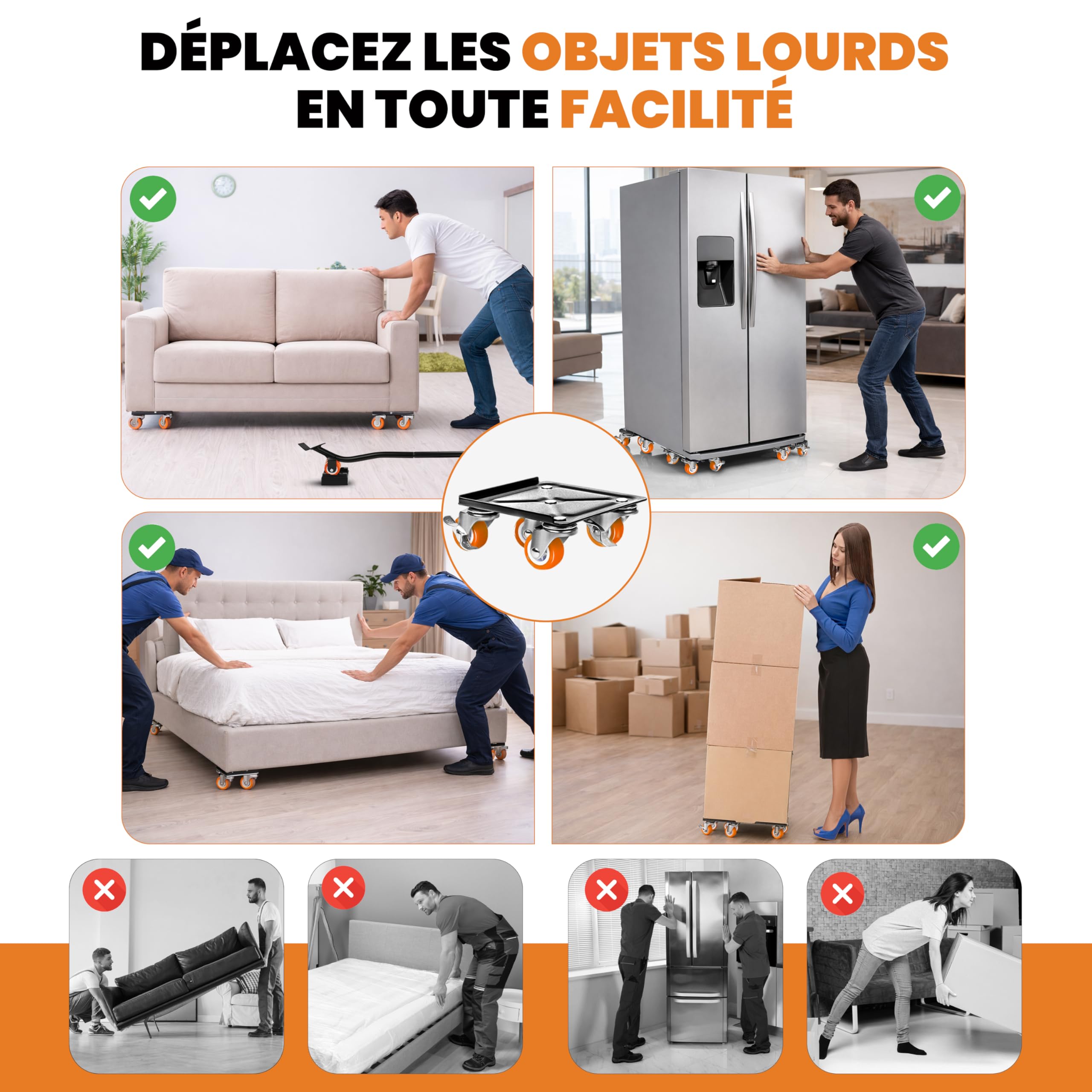 Kit Deplace Meuble 600kg - Leve Meuble avec Plateau Roulant et Roulette Charge Lourde - Chariot Demenagement pour Soulever et Déplacer Meuble sans Effort - Patins glisseurs pour Meubles - EASY MOVERS