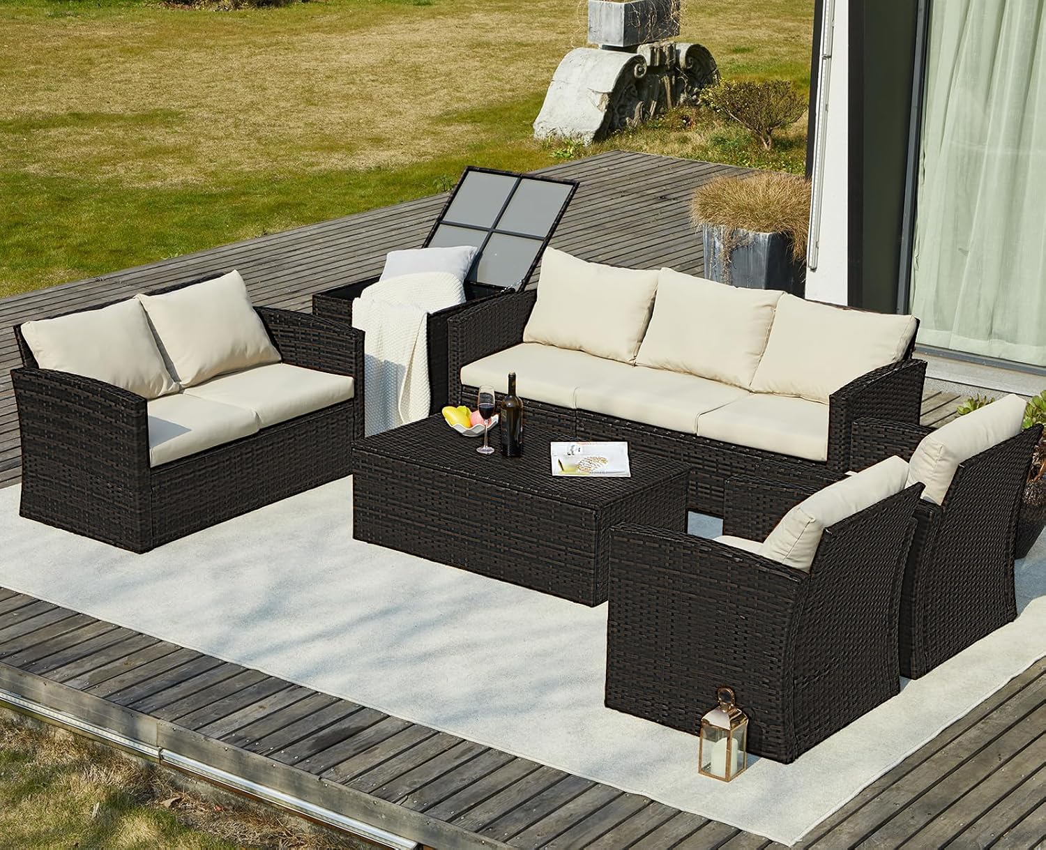 U-MAX 7 PCS Outdoor Patio Furniture Sets w/Two Storage Boxes, Outdoor Conversation Set PE Wicker Sectional Sofa Patio Sofa for Garden, Deck, Black Rattan& Beige Cushions