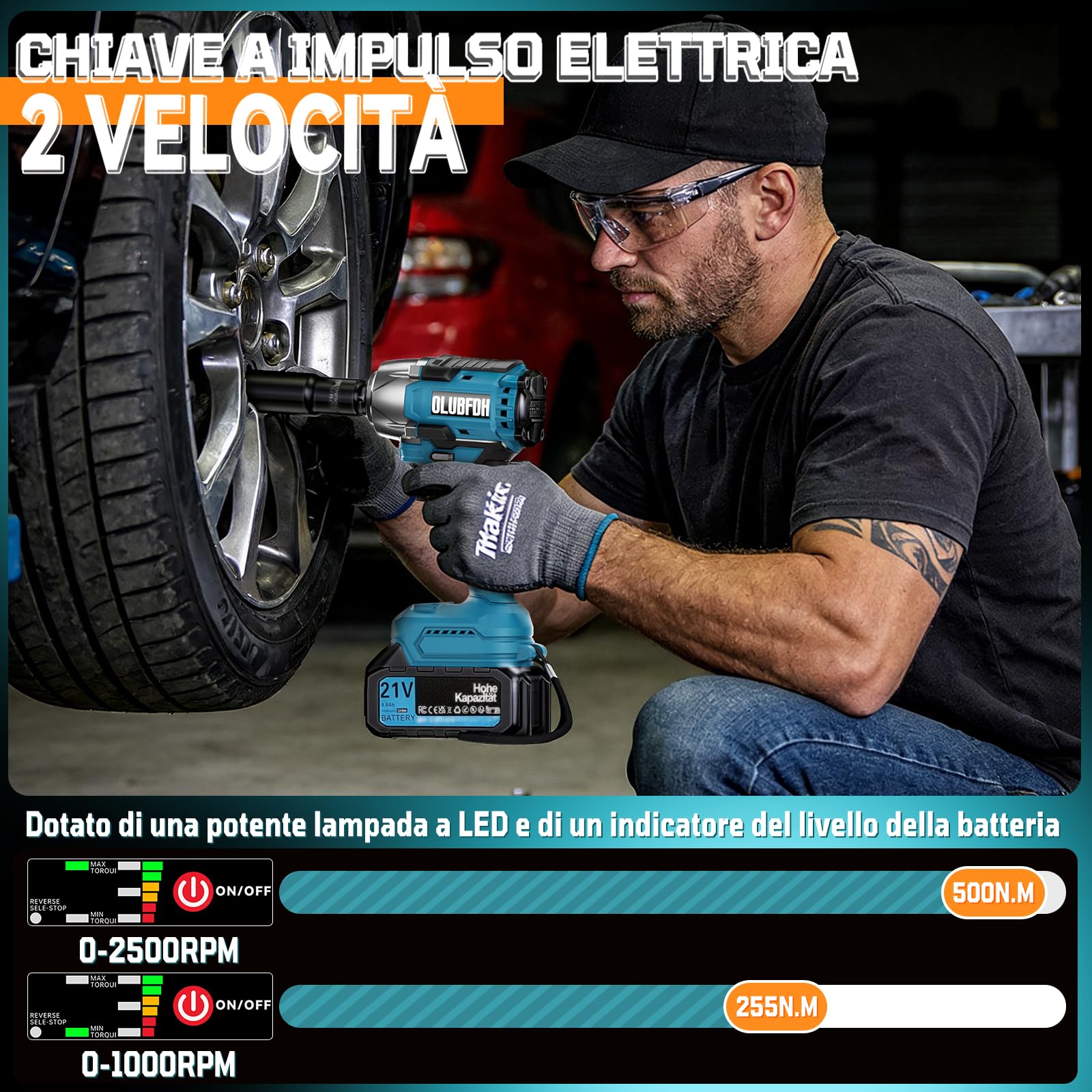 Avvitatore a Impulsi Brushless, 500 Nm Avvitatore a Impulsi a Batteria, 1/2" Trapano a Impulsi Brushless, 3-in-1, con Batterie da 4,0 Ah e Caricabatterie, 6 Bussole