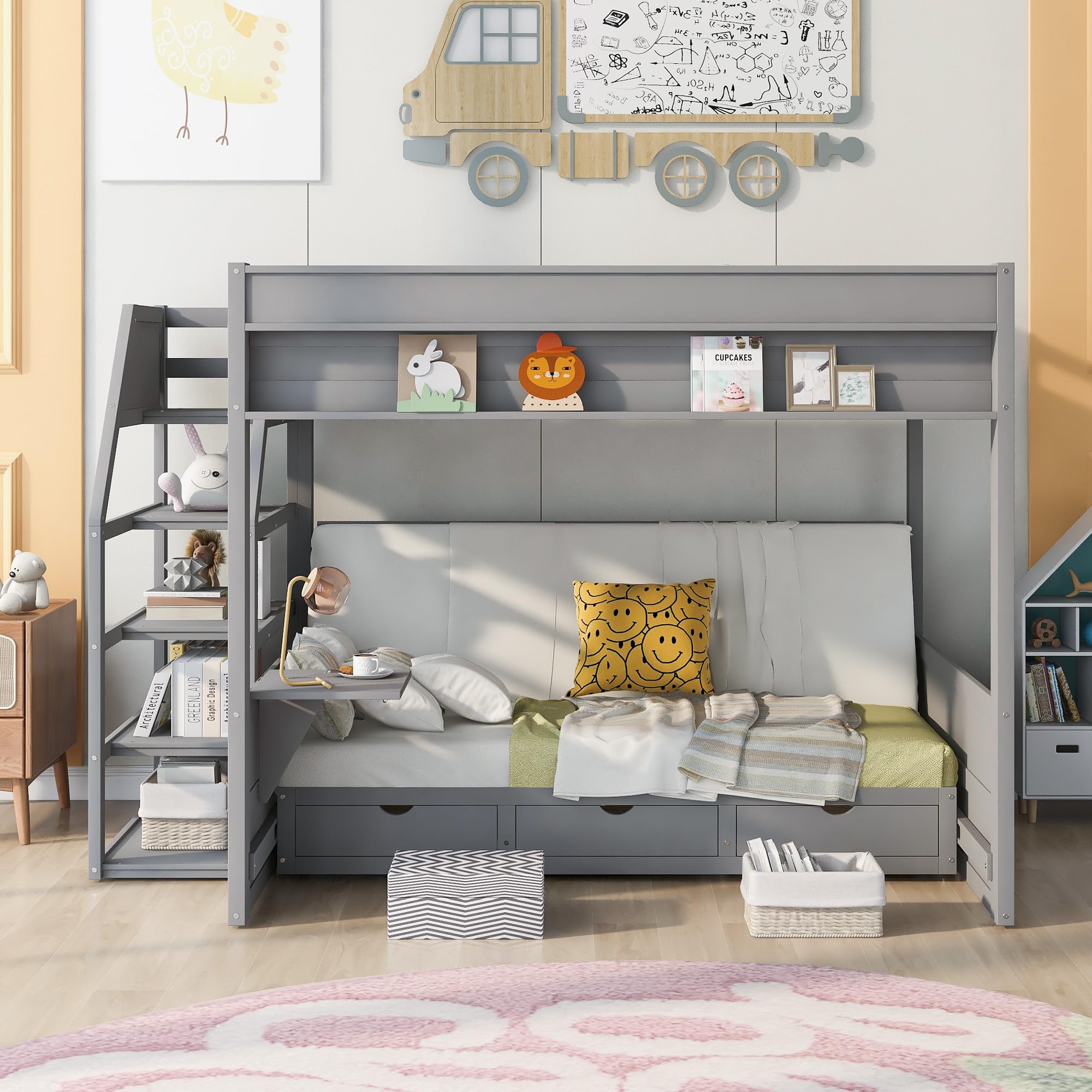 SOFTSEA Wood Bunk Bed Full Size with Staircase and Drawers for Storage Modern Floor Bunk Bed Frame with Bedside Table and Full-Length Guardrail Bedroom Furniture, No Box Spring Need, Gray