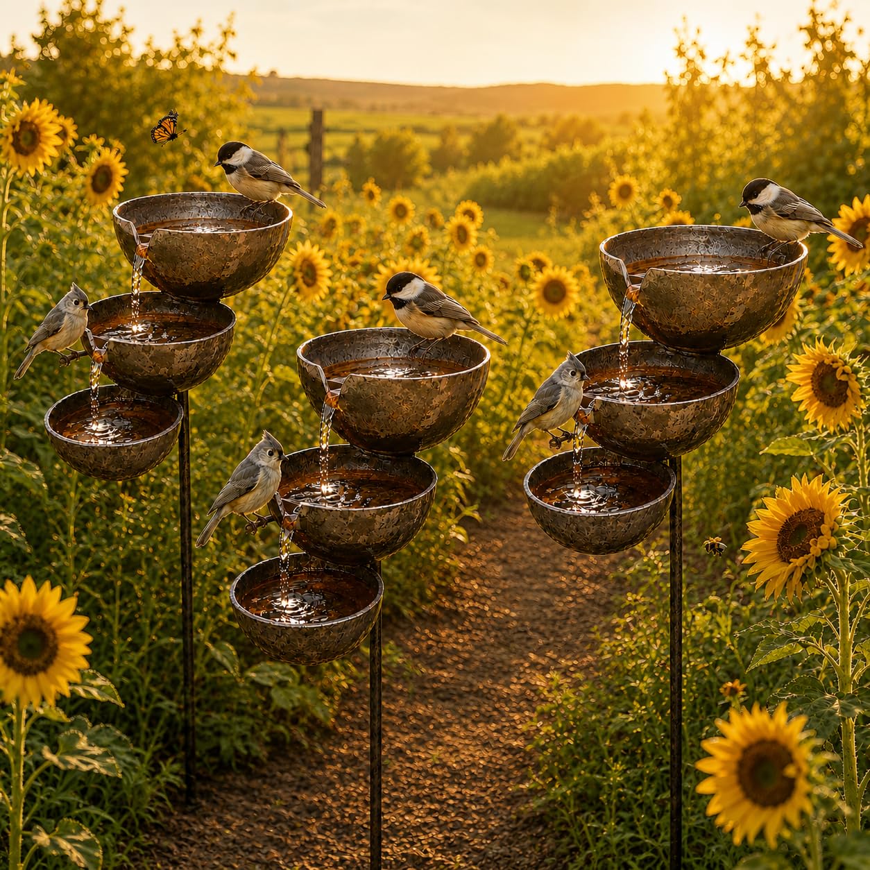 Bronze Rain Catcher Garden Stake, 68x12x5cm 3-Tier Metal Rain Catcher for Garden & Bee Watering Station, Decorative Wildlife Water Bowl, Small Bird Baths & Garden Ornaments for Outdoor，3PCS