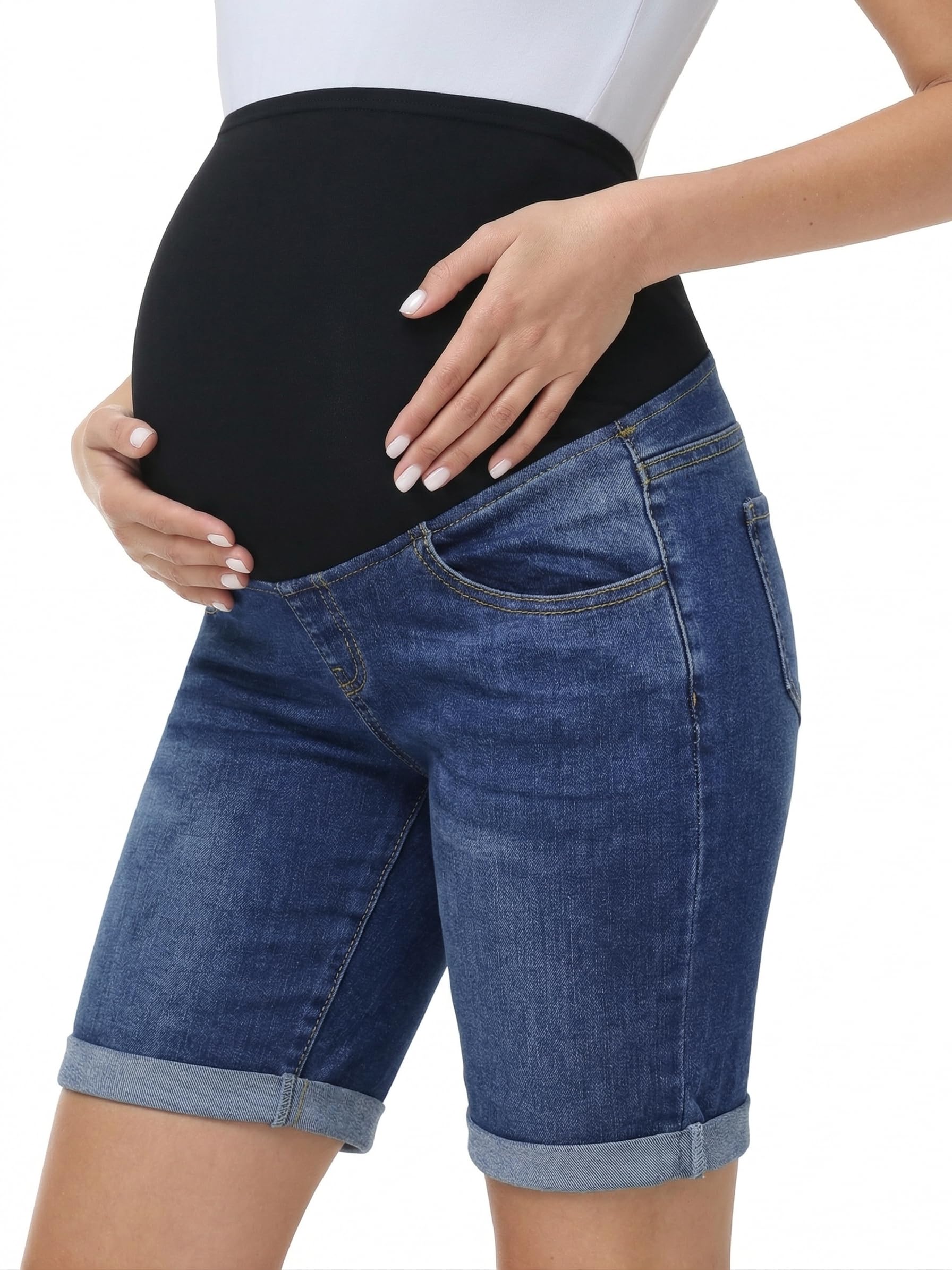 Gowjog Pantalones vaqueros cortos de maternidad, pantalones vaqueros por encima del abdomen, dobladillo doblado, pantalones cortos de maternidad - 2