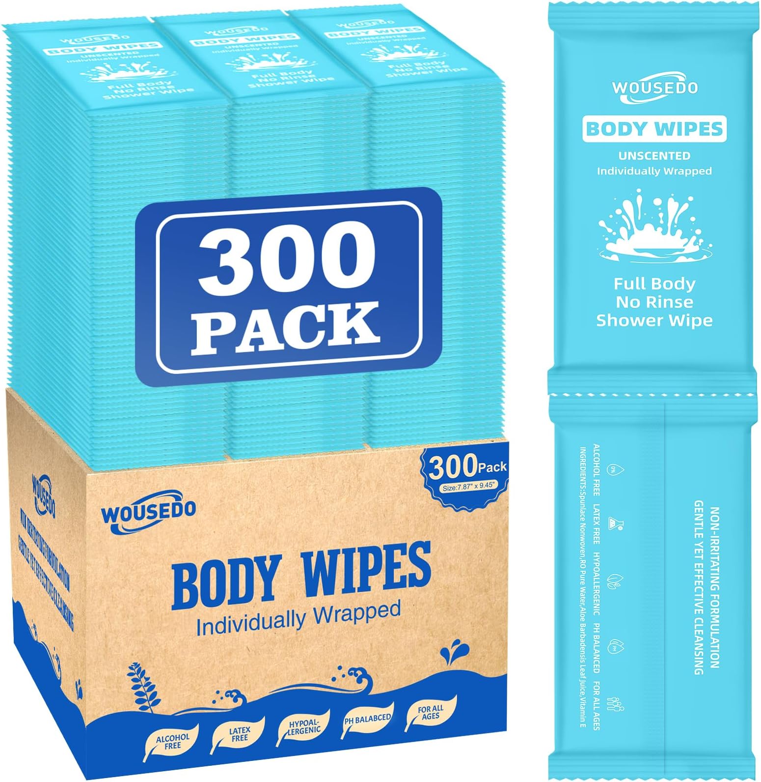 300 Pcs Ultra Thick Soft Large Body Wipes Individually Wrapped(7.87" x 9.45"),Shower Wipes for Adults Bathing No Rinse,Personal Cleansing Wipes for Travel Gym,Bulk Deodorant for Homeless(Blue)